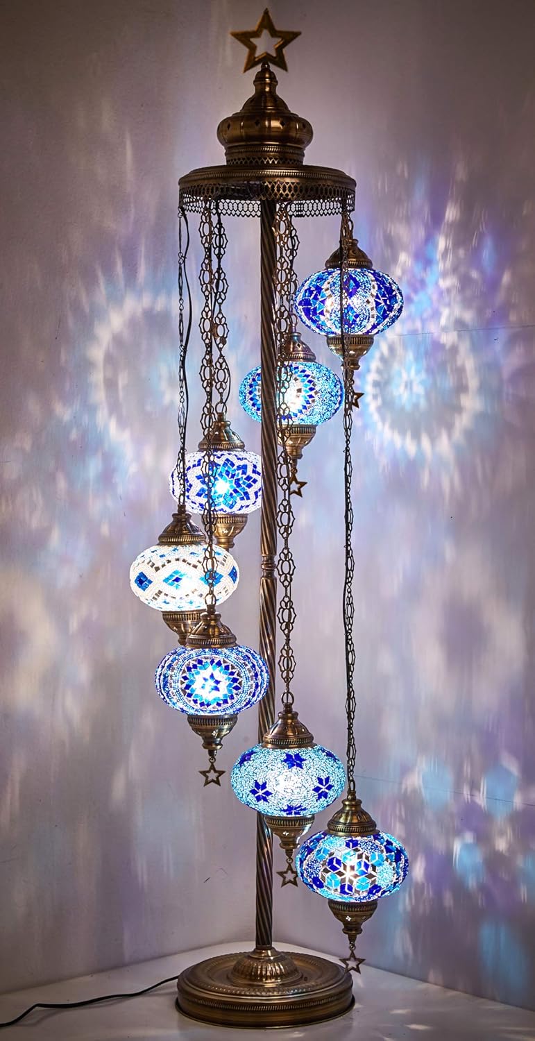 Demmex 7 Big Globes Turkish Moroccan Mosaic Floor Lamp Light Bohemian Boho Tiffany Mosaic Floor Lamp With North American Plug Socket 55 Blue
