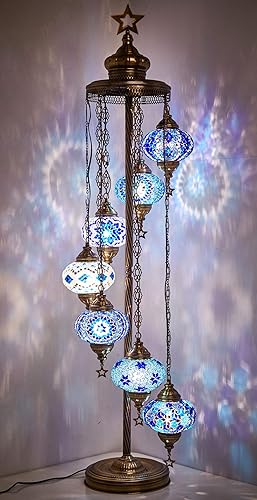 Demmex 7 Big Globes Turkish Moroccan Mosaic Floor Lamp Light Bohemian Boho Tiffany Mosaic Floor Lamp With North American Plug Socket 55 Blue