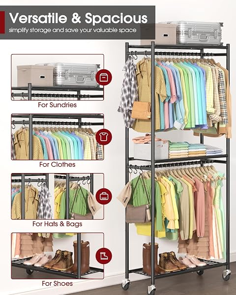 SAKUGI CLOTHES RACK – 33.0″ X 12.2″ X 79.5″ CLOTHING RACK WITH SHELVES & WHEELS, MULTI-FUNCTIONAL WARDROBE CLOSET WITH HOOKS, STURDY METAL GARMENT RACK FOR BEDROOM, LAUNDRY, BALCONY (BLACK)