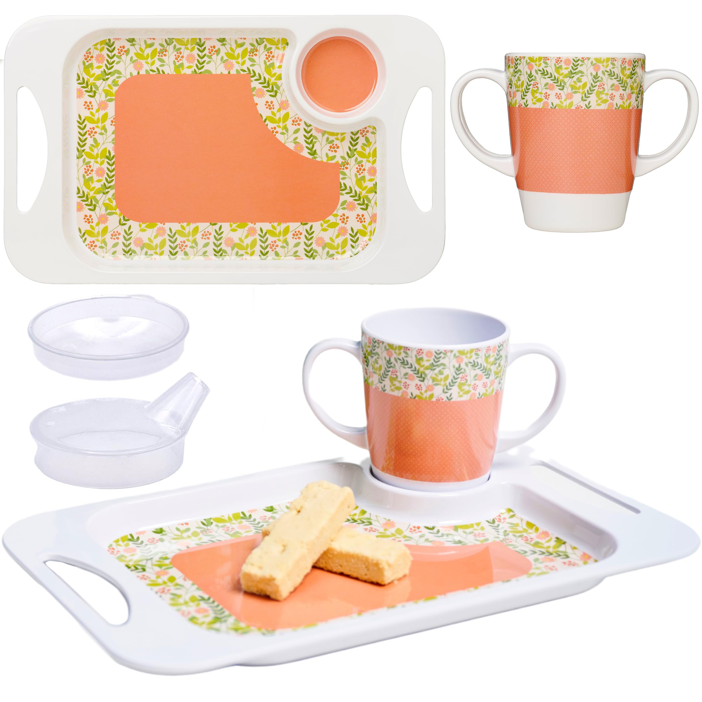 Rosa Lifestyle Sippy Cup for Adults, Cup lids & Coordinating Snack Tray Bundle for Elderly. 400ml/14oz Cup Capacity, Tray 33.8cmx20.6cm. Lightweight, Melamine, Perfect Snack Bundle (Peach)