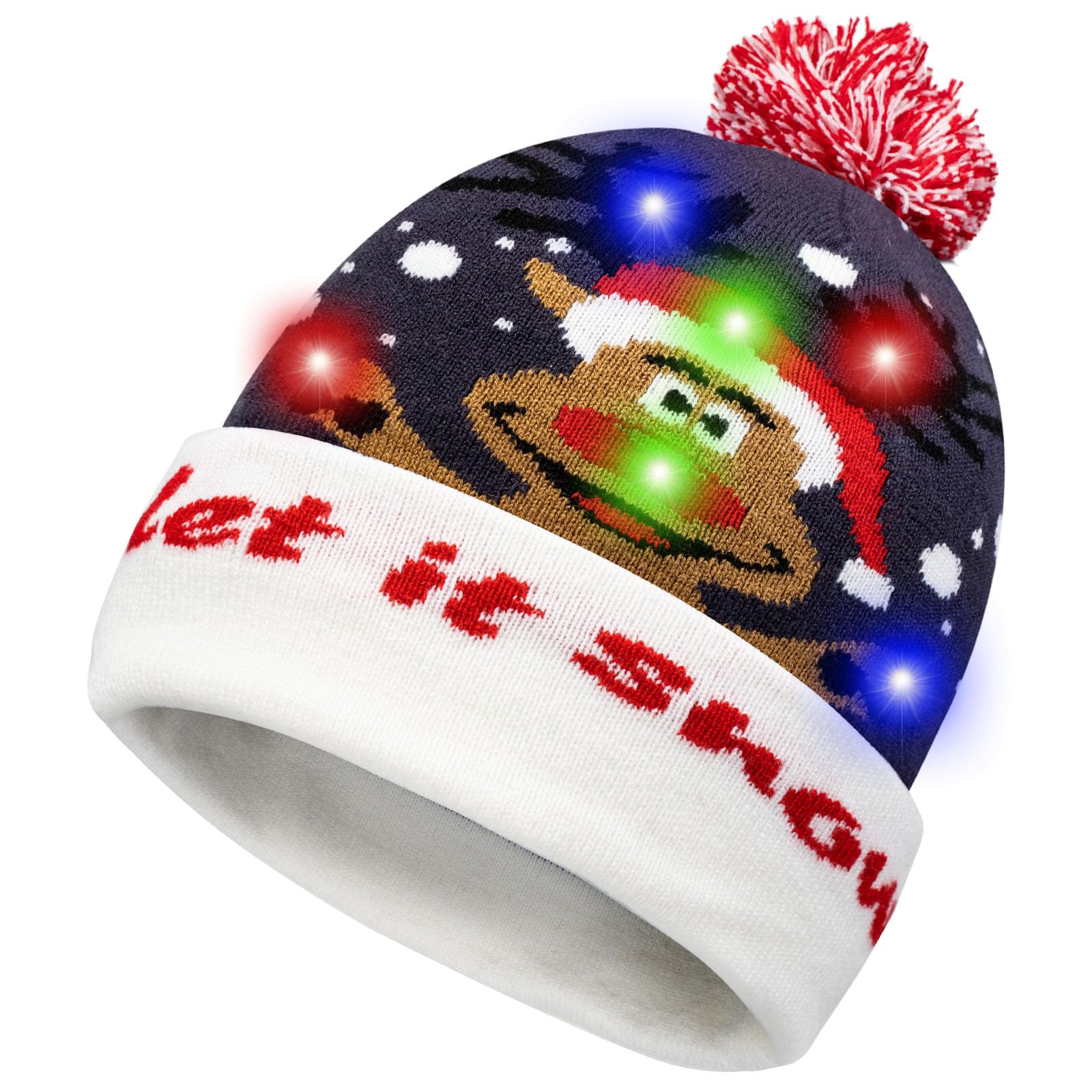 CHAWONER LED Light Up Christmas Hat,Flashing Beanie Knitted Xmas Cap, Novelty Santa Reindeer Glow Hat for Kids & Adults Ugly Sweater Christmas Party Favors