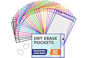 BainGesk 30 Packs Oversized Dry Erase Pockets with 2 Rings, 14X10 Inches Reusable Dry Erase Sleeves, Clear Ticket Holder Pockets with 10 Colors, Heavy Duty for Classroom School Teacher Supplies