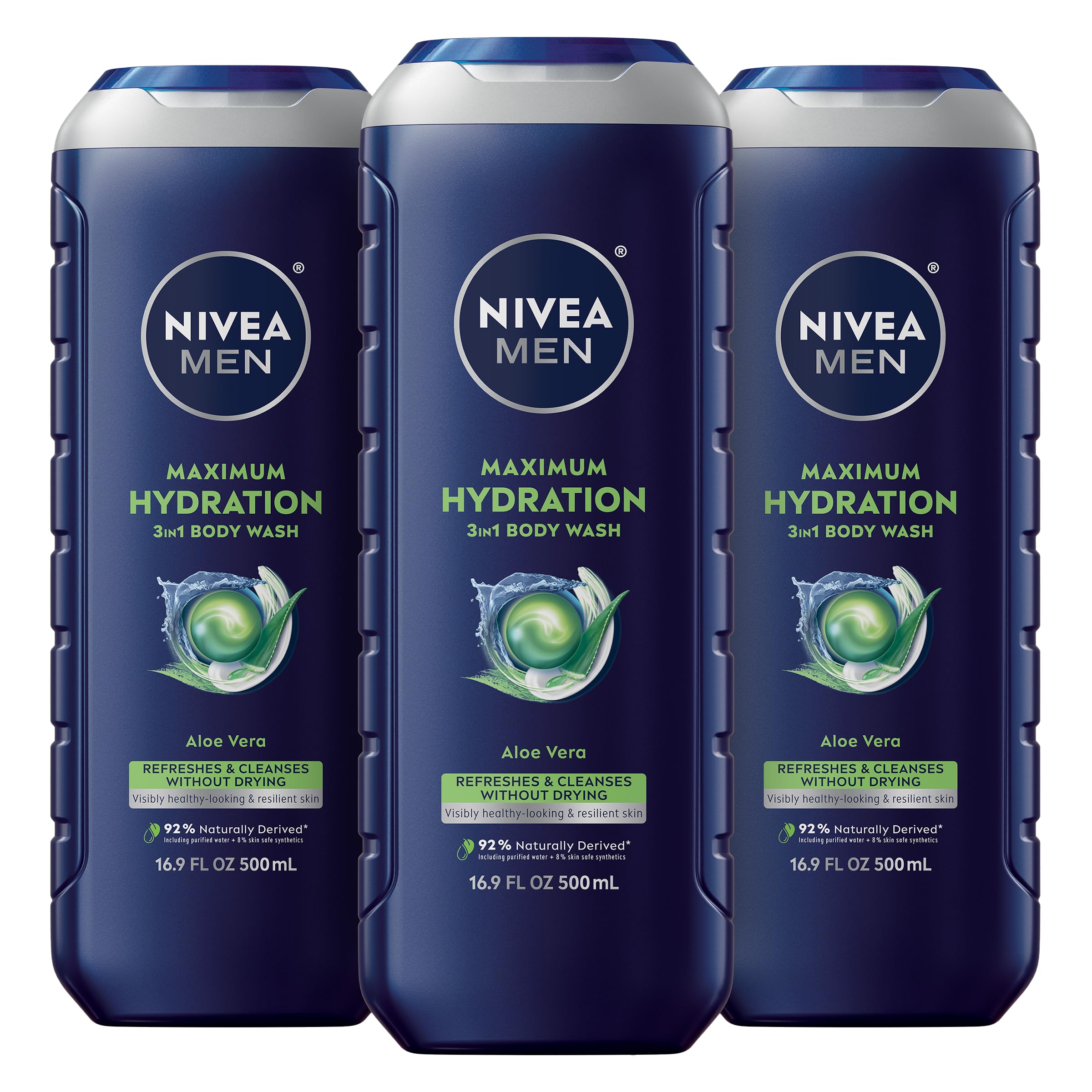 Photo 1 of (only 2) (missing one) NIVEA MEN Maximum Hydration Body Wash for Dry Skin, Aloe Vera Enriched, 3-in-1 Moisturizing Body Wash, Face and Hair, Paraben Free, Vegan Formula, 16.9 Fl Oz Bottle