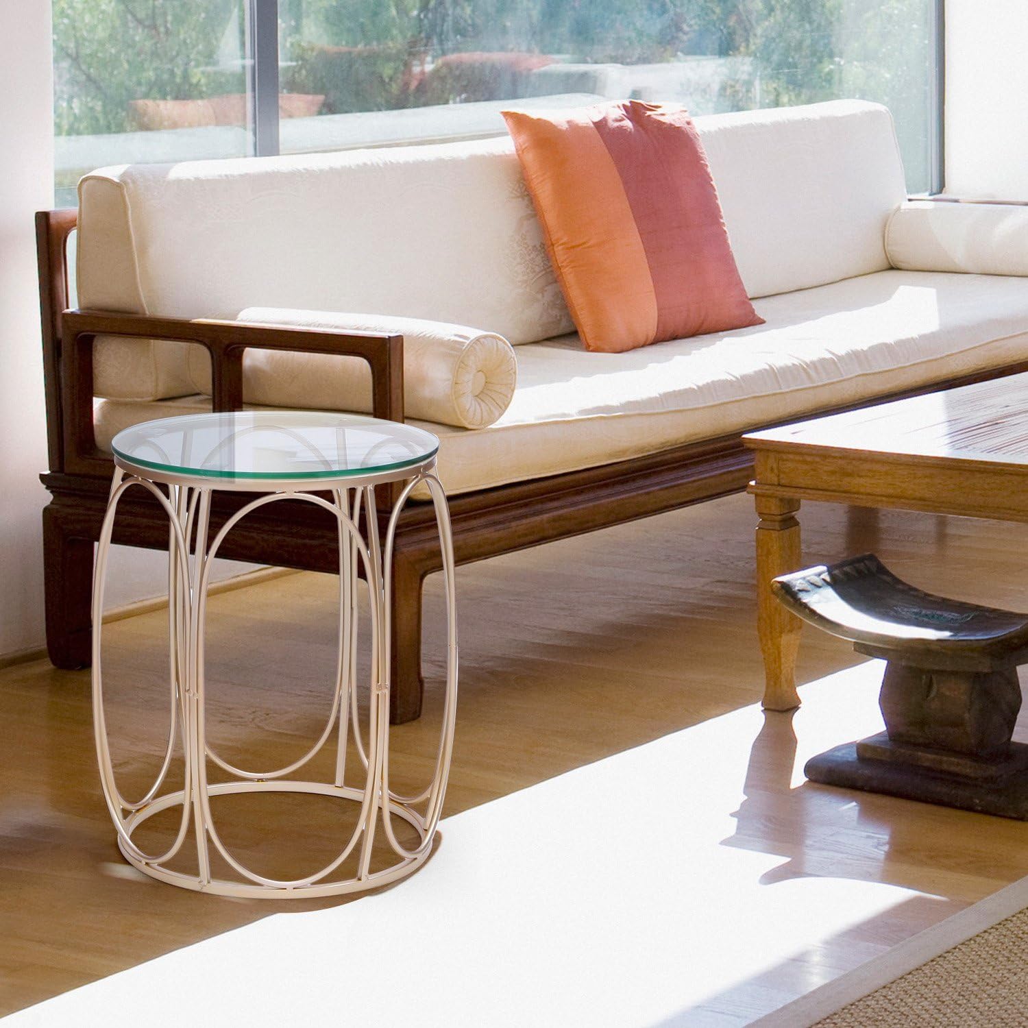 Adeco Round Nesting Accent Side Set of 2-Gold End Tables,: Furniture & Decor