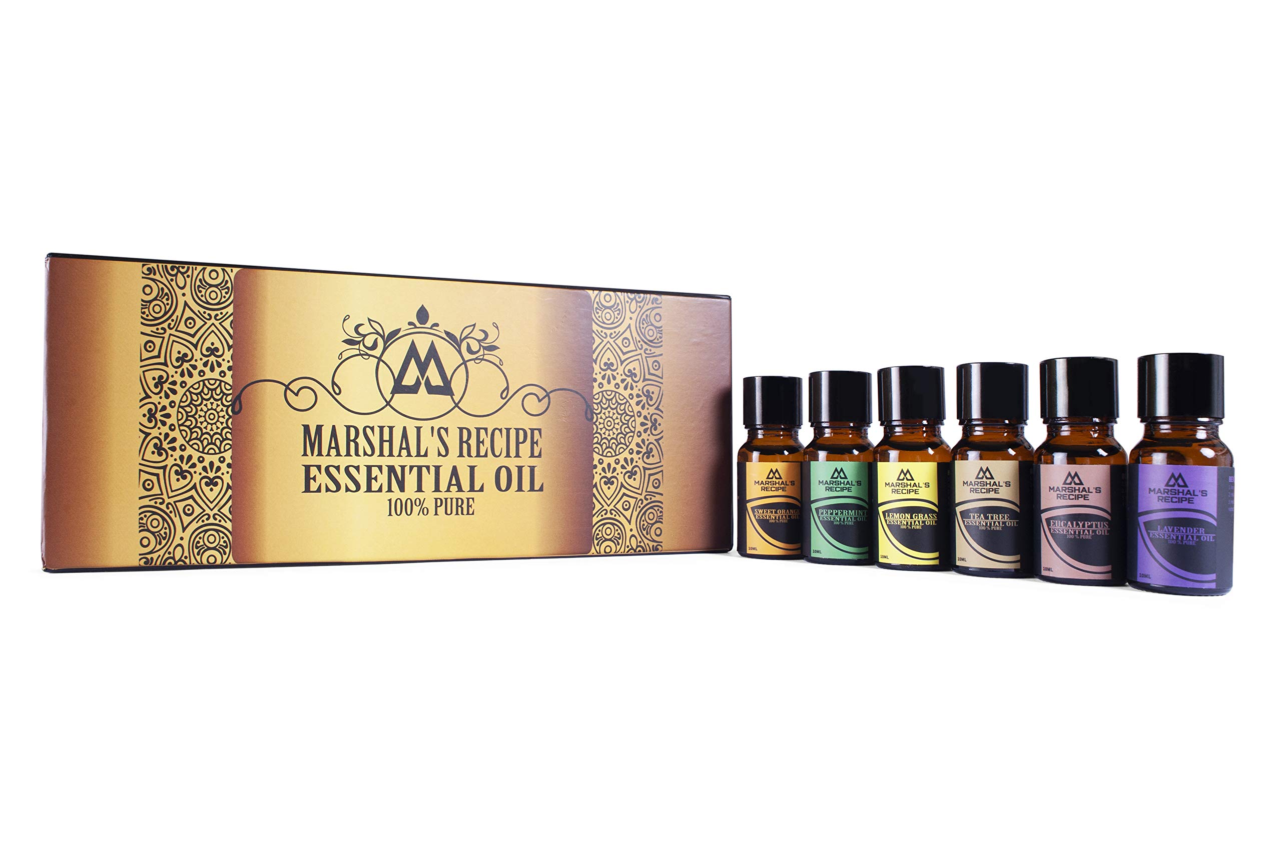 New Generation Aromatherapy Essential Oils Set of 6 Bottles x 10 ml by Marshal\'s Recipe - 6 Therapeutic Grade Aromas: Sweet Orange, Peppermint, Lemon Grass, Tea Tree Eucalyptus, Lavender