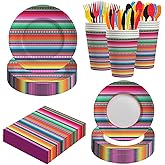 140PCS Mexican Serape Fiesta Plates and Napkins Set, Fit Mexican Themed Paper Dessert Plates, Taco Colorful Stripes Pinata Ponchos Platters Dance Party, Serves 20 Guests