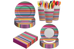 ASLERMURE 140PCS Mexican Serape Fiesta Plates and Napkins Set, Fit Mexican Themed Paper Dessert Plates, Taco Colorful Stripes Pinata Ponchos Platters Dance Party, Serves 20 Guests