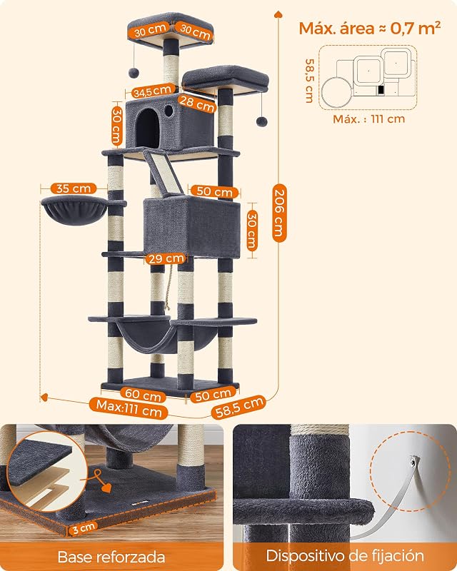 Rascador para Gatos Grandes, 203,5 cm de Altura, Multinivel