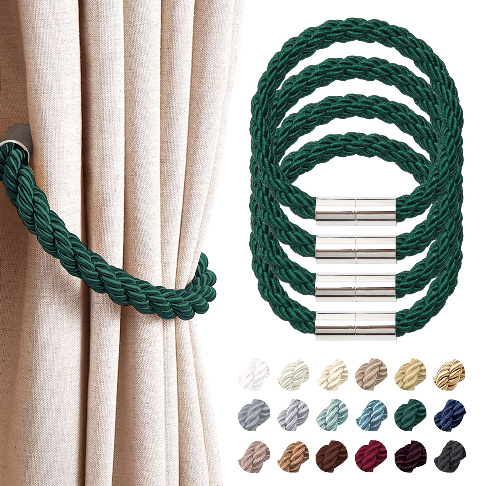 Pretty Jolly 4 Pack Strong Magnetic Curtain Tiebacks Modern Simple Style Drape Tie Backs Convenient Decorative Weave Rope Curtain Holdback for Thin or Thick Home & Office Window Drapery (Green)