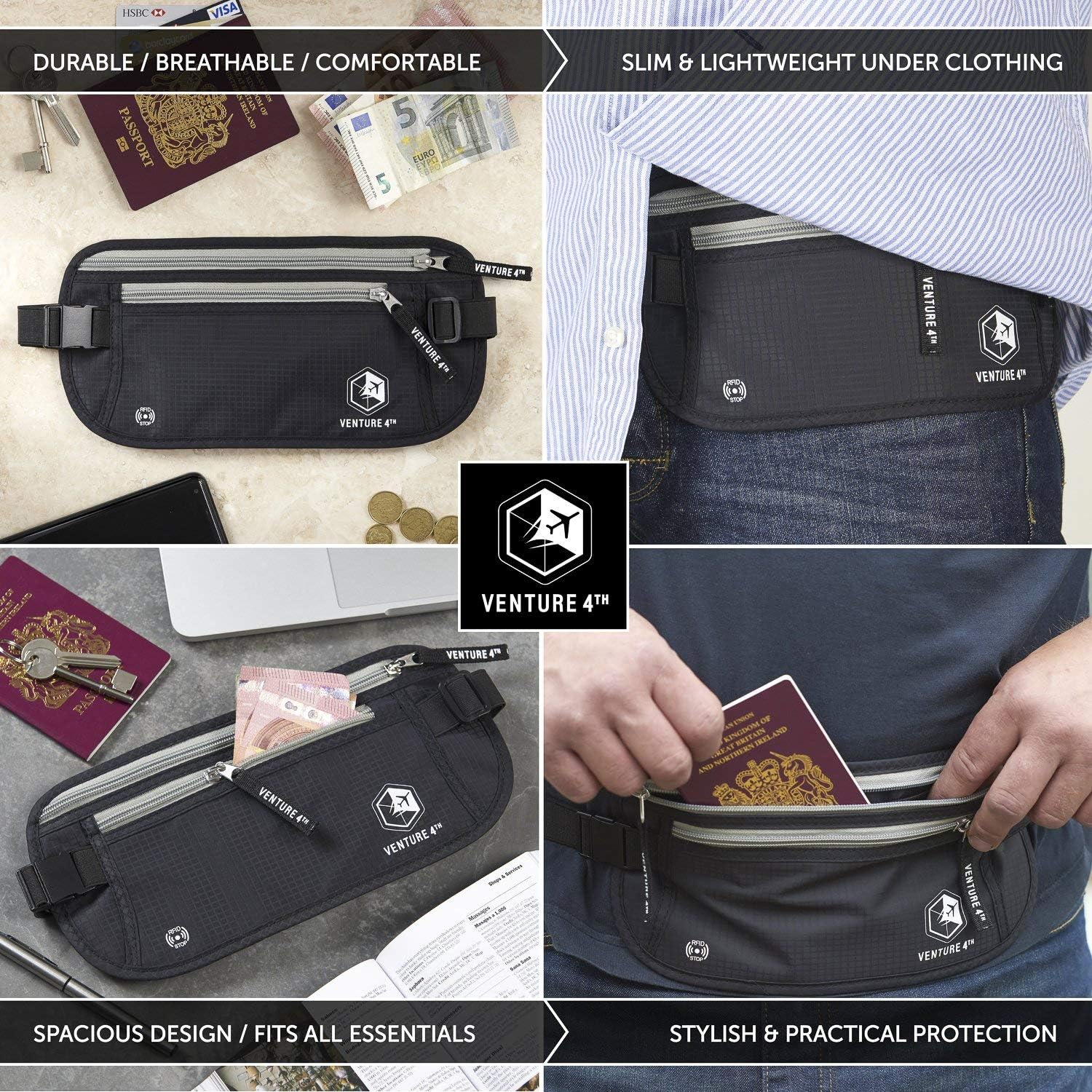  | Slim Minimalist Design Money Belt, RFID Blocking for Men & Women - Ideal for Keeping Your Cash, Credit Card, Passport, Phone Safe When Traveling (Black) | Travel Wallets