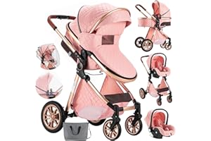 Aveainelle 3 in 1 Baby Stroller Travel System Combo Set, Reversible Infant Stroller with One-Click Folding, Convertible Newborn Toddler Pram Carriage with Aluminum Frame (MGV9-PINK Without Base)