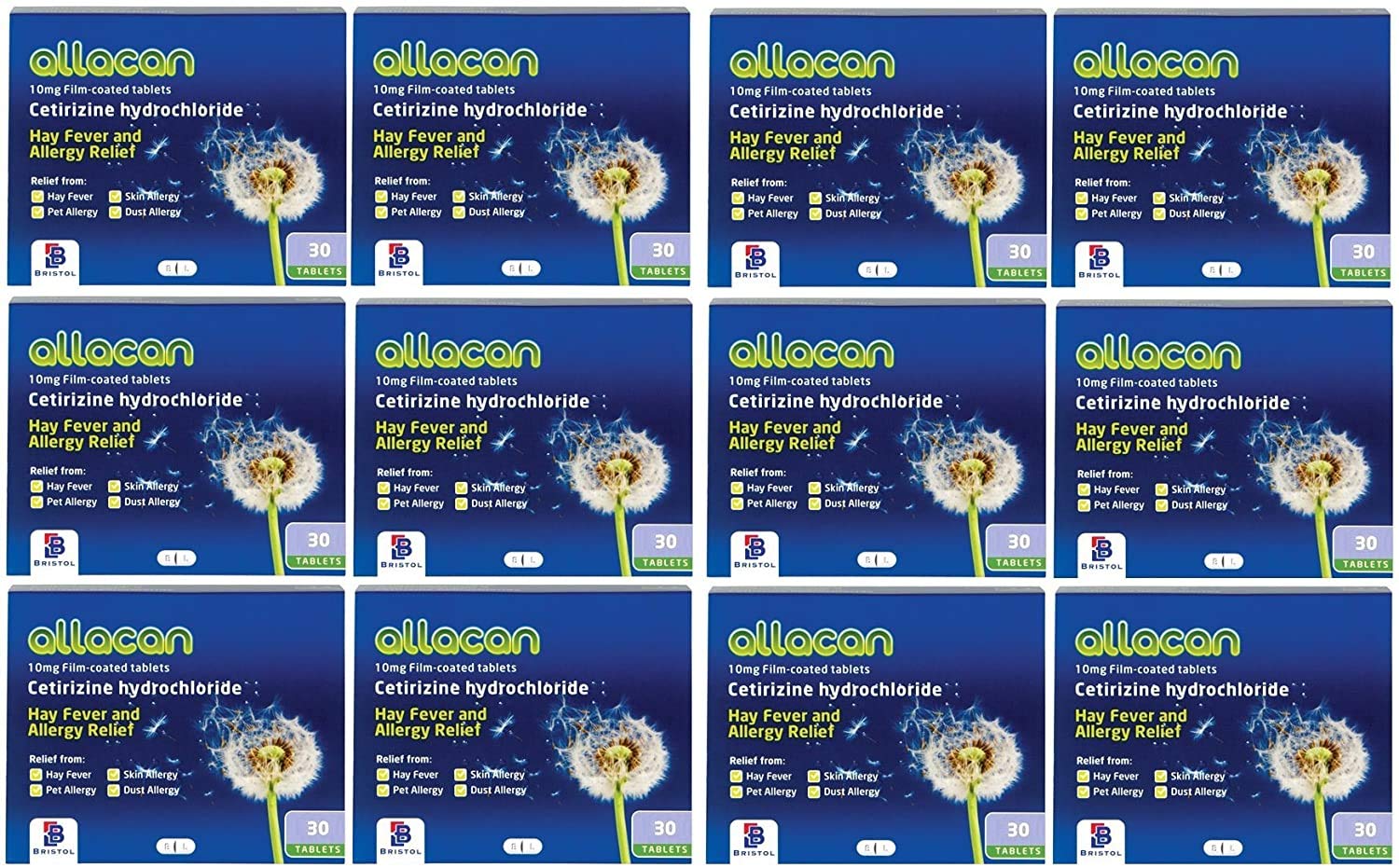Allacan Cetirizine Hydrochloride Hayfever Allergy Tablets (30 Tablets x 12 Packs)