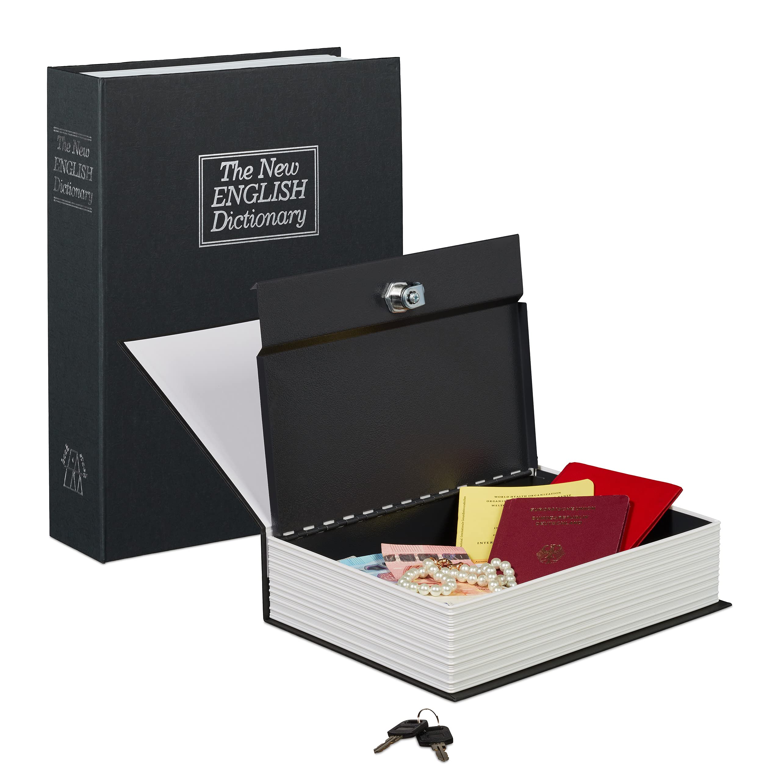 Relaxdays Large Book Safe, Locking, Steel Cash Box, Combination Lock, HxWxD: 27 x 20 x 6.5 cm, Diversion Safe, Black
