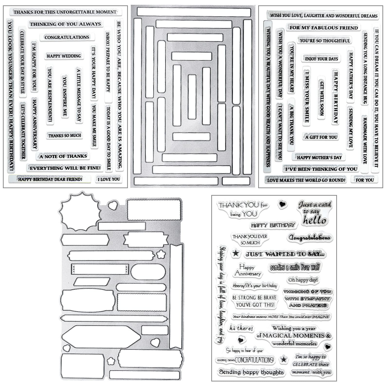 5 Pieces Stamps and Dies for Card Making Metal Cutting Dies Clear Silicone Stamp Sentiments Words Silicone Stencils Carbon Steel Embossing Template for Card Making DIY Craft Scrapbooking Album