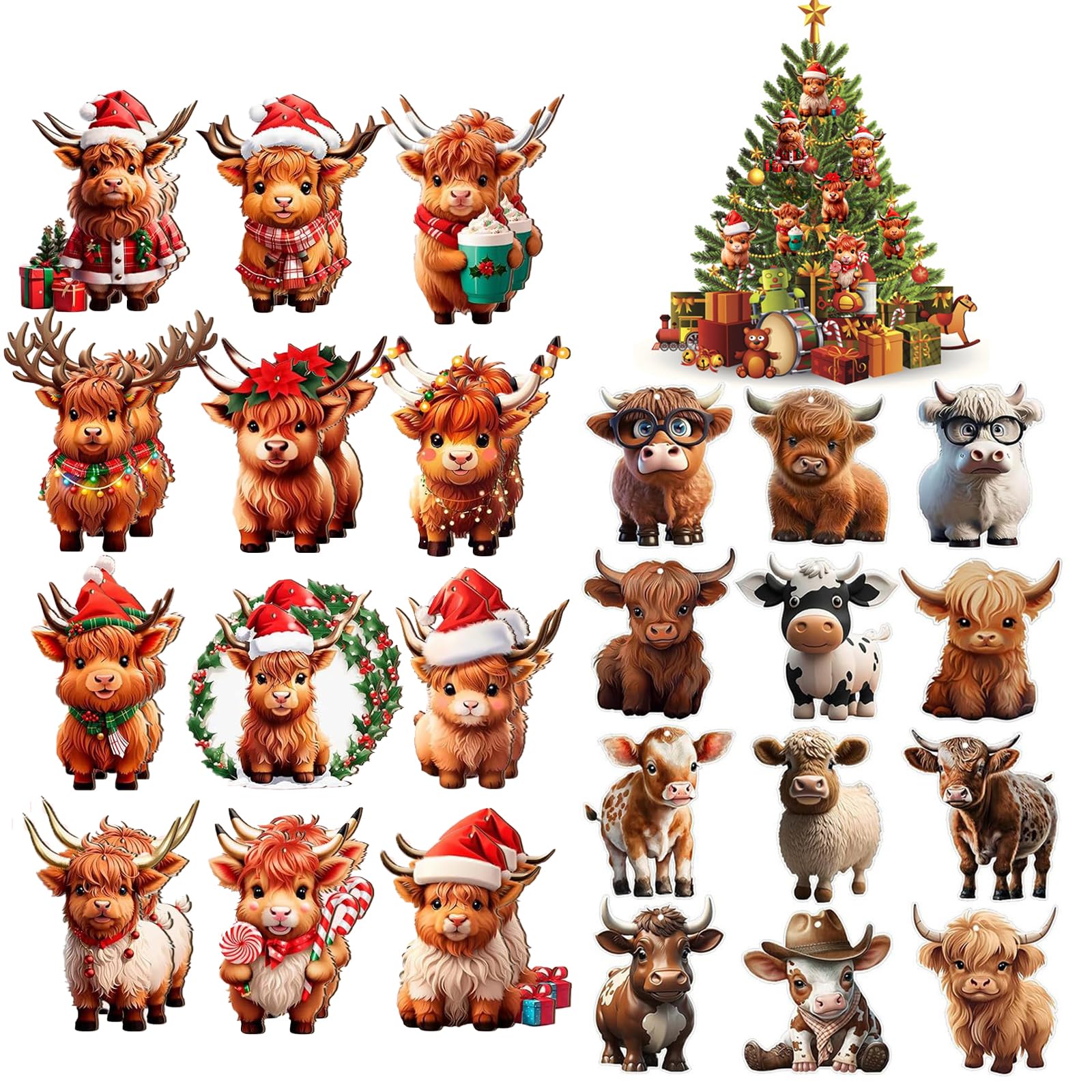 36 Pcs Cute Cartoon Cattle Decorative Hanging Ornament Wood Pendant for Xmas Holiday Car Decor Wooden Highland Cow Christmas Decorations
