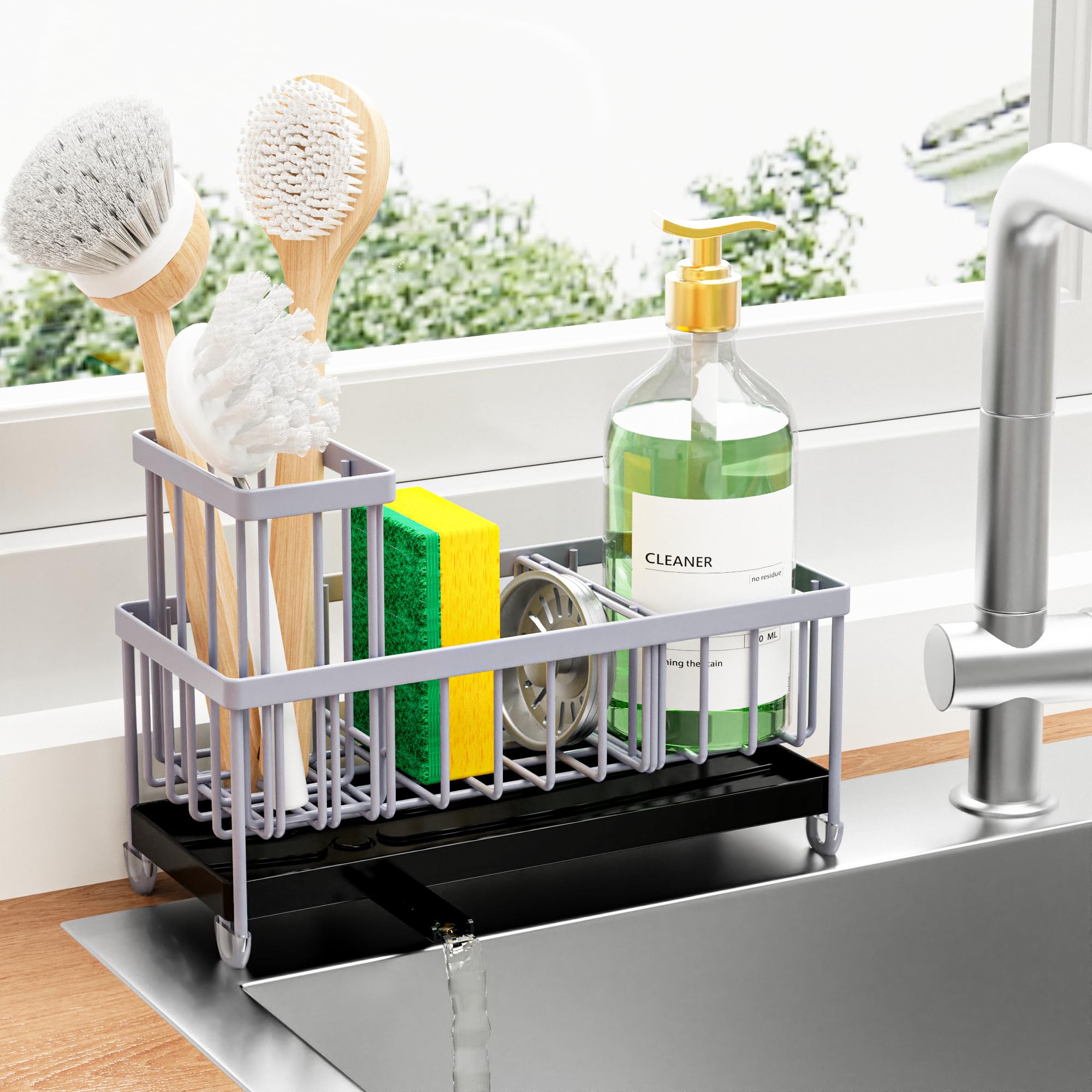 Photo 1 of Cisily Light Gray Sponge Holder for Kitchen Sink, Sink Caddy Organizer with High Brush Holder, Kitchen Countertop Organizers and Storage Essentials, Rustproof 304 Stainless Steel, Soap Dispenser
