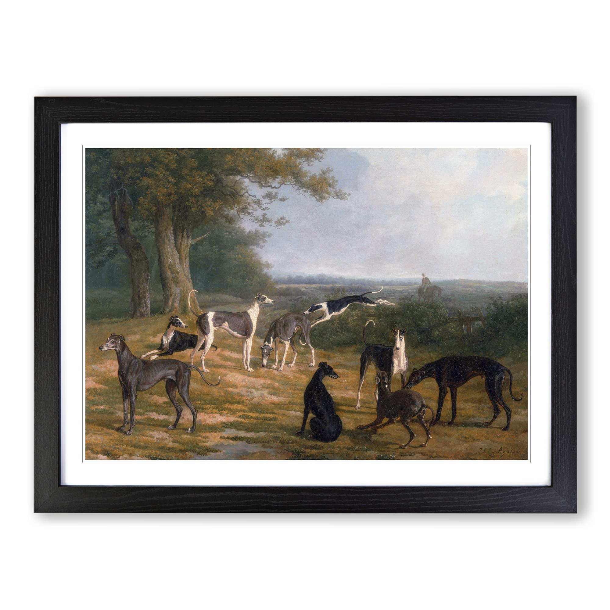 Jacques Laurent Agasse Greyhounds Classic Painting Framed Wall Art Print, Ready to Hang Picture for Living Room Bedroom Home Office Décor, Black A3 (46 x 34 cm)