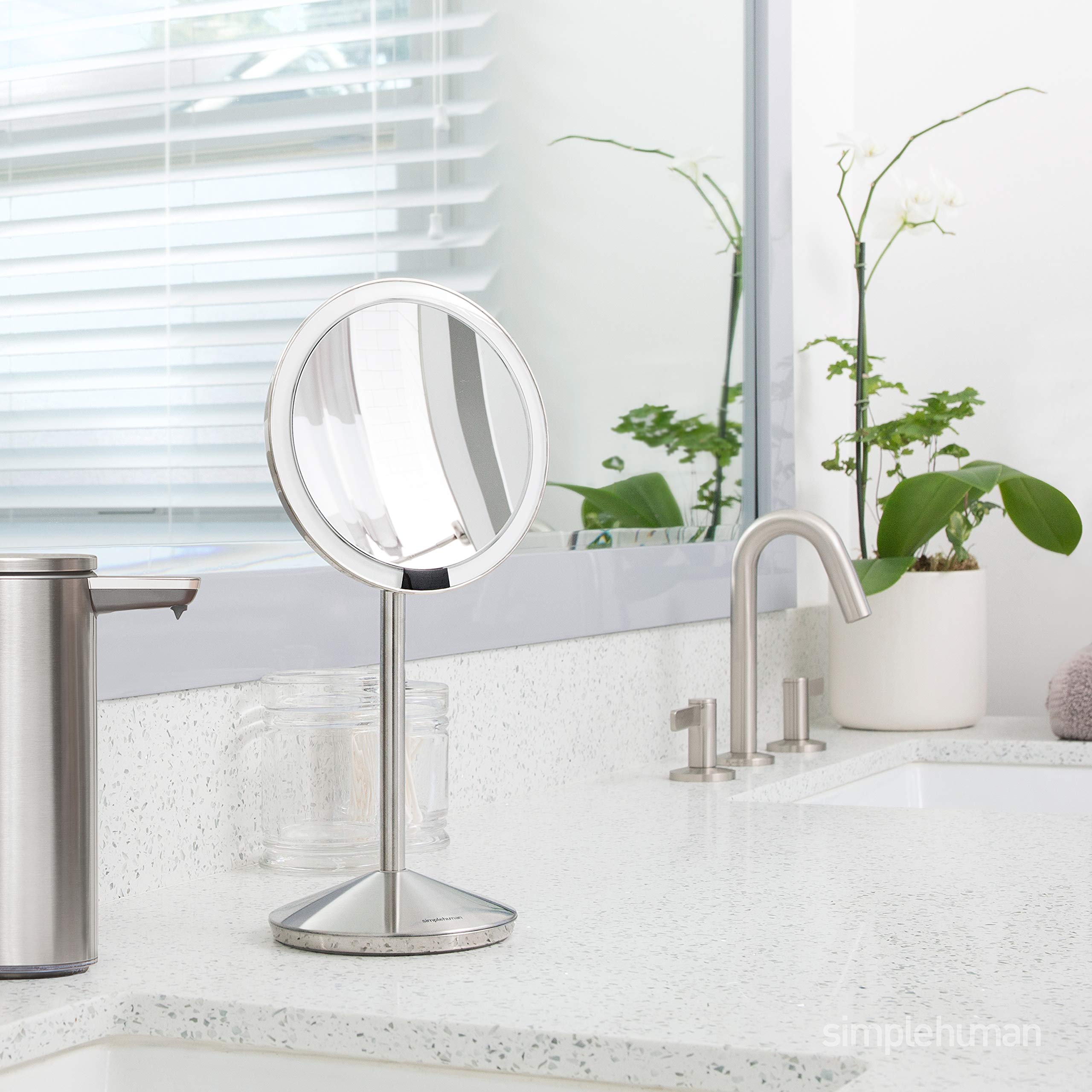 simplehuman 5" Round Rechargeable Mini Travel Sensor Makeup Mirror, 10x Magnification, Brushed Stainless Steel