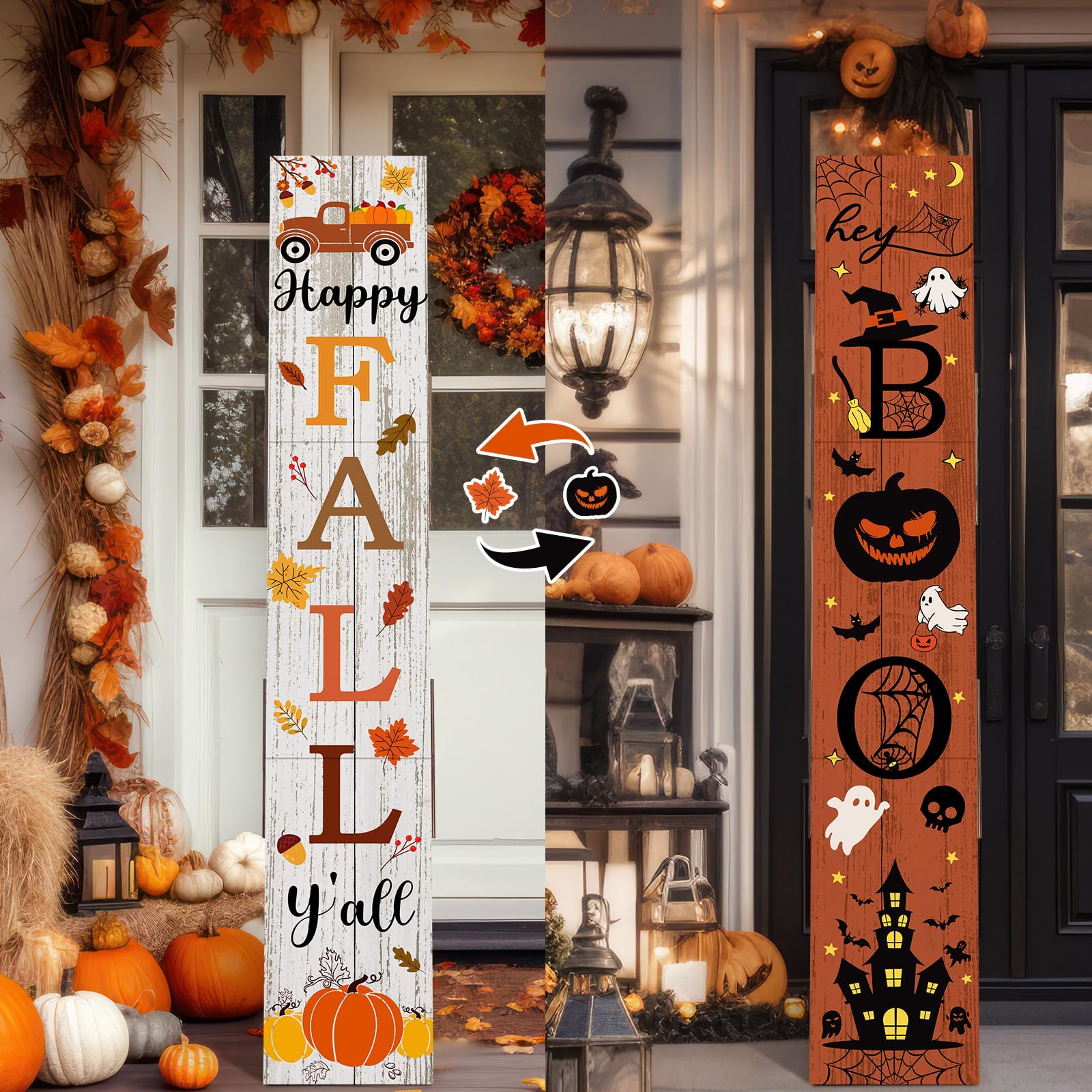 Photo 1 of 2 in 1 Fall Porch Sign Decor 47" Double Side Halloween Hey Boo Wooden Porch Decor Large Happy Fall Y'all Outdoor Welcome Sign Farmhouse Halloween Decorations for Front Door Home Wall Hanging Yard
