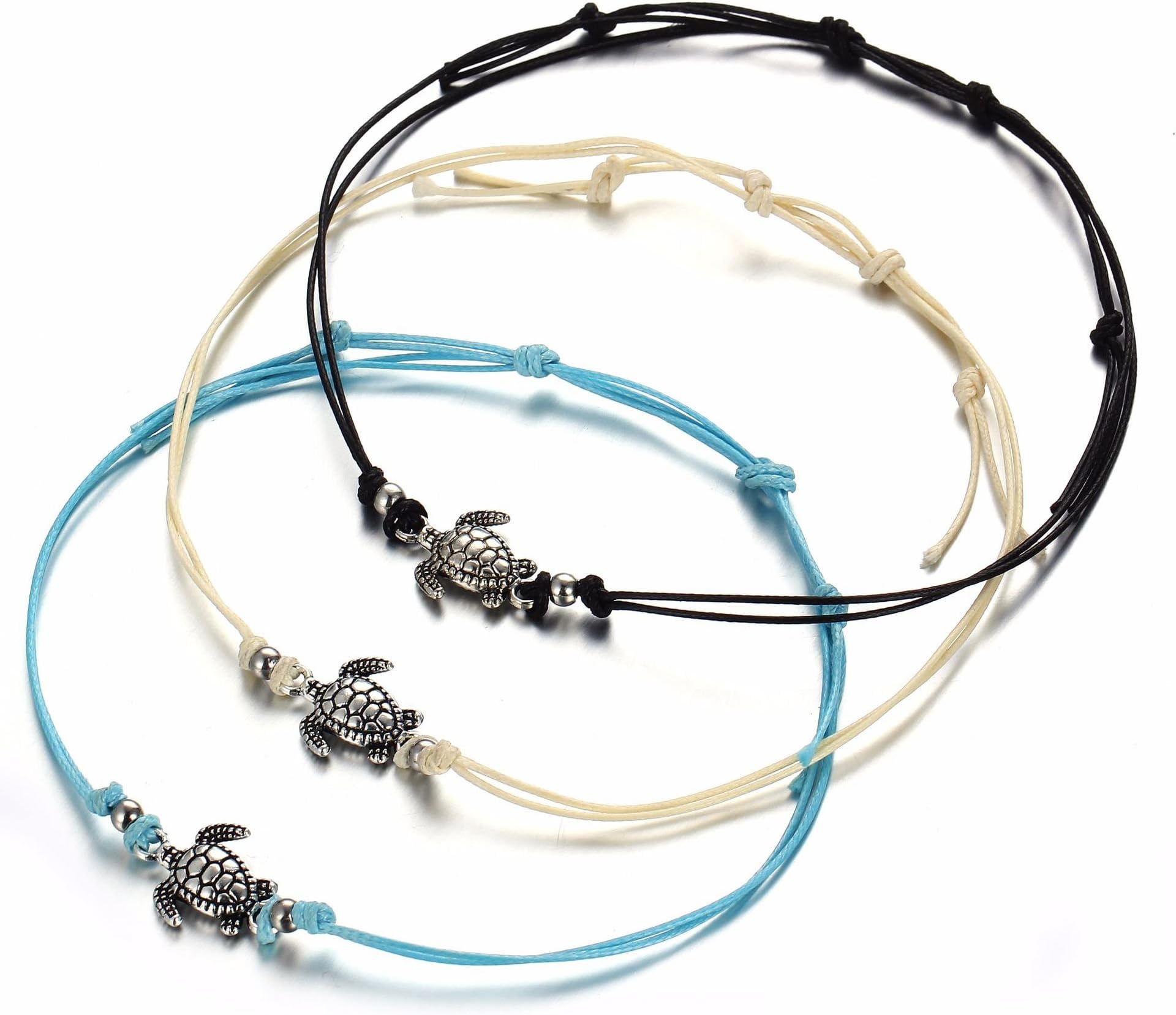 LAIMIO 4PCS Beach Anklets -Vintage Wax Rope Turtle Anklets Barefoot Tricolor Turtle Foot Chain