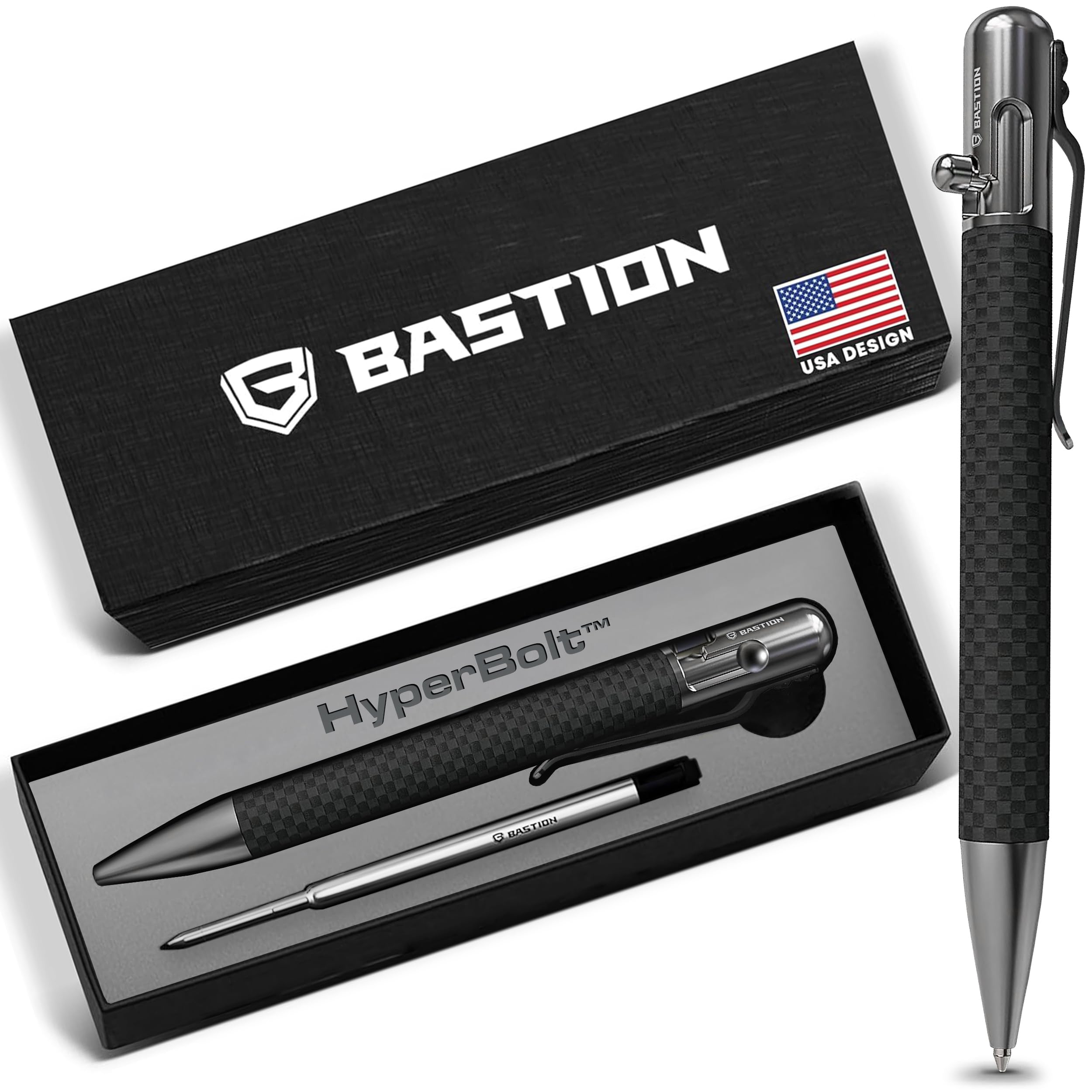 BASTION® Luxury Carbon Fiber Bolt Action Pen, Durable Professional Ballpoint Pen for Travel, School and Work Birthday Gift Idea - Carbon Fiber and Stainless Steel