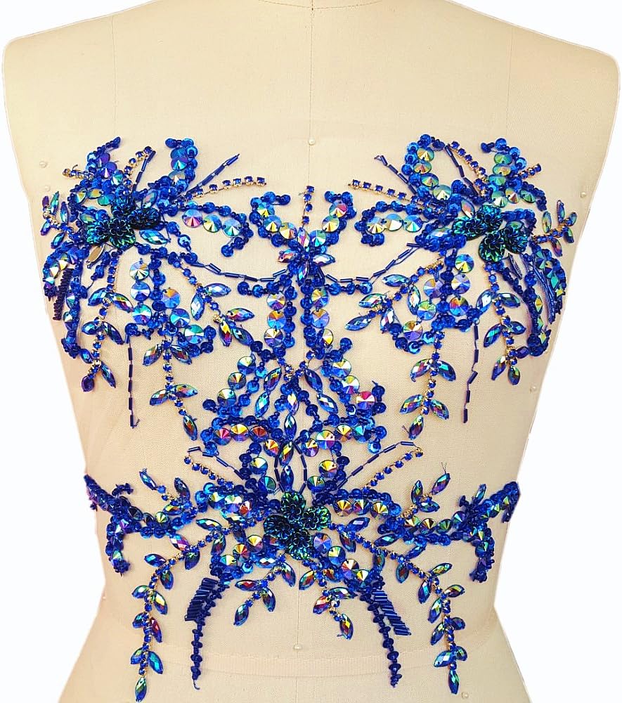 Flower AB Sequin Sew on Beaded Rhinestones Applique Collar Trim Crystals Patches Sewing for Bridal Wedding Dress Accessory 34x34cm DIY Chest Waist Decoration (Blue)