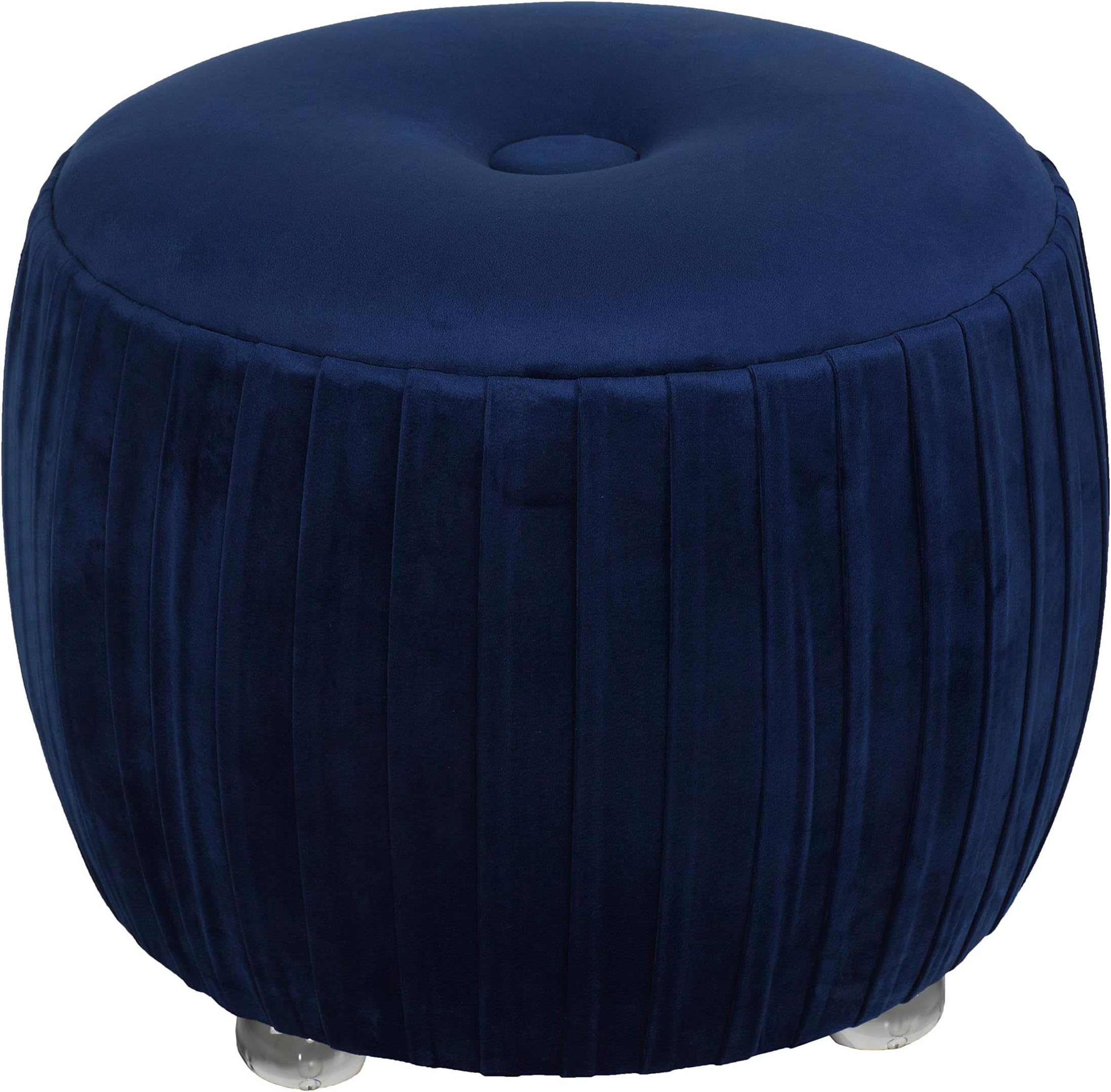 Cortesi Home Doles Round Ottoman with Clear Acrylic Legs 16, High, Navy Blue Velvet
