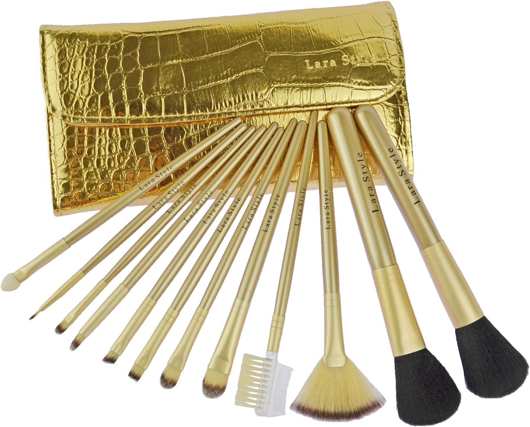 Lara Style 12pcs Gloden makeup Brush Set, include Face Brush, eye Brush, cheek Brush, brow Brush, lip Brush, with Leather Cae Bag