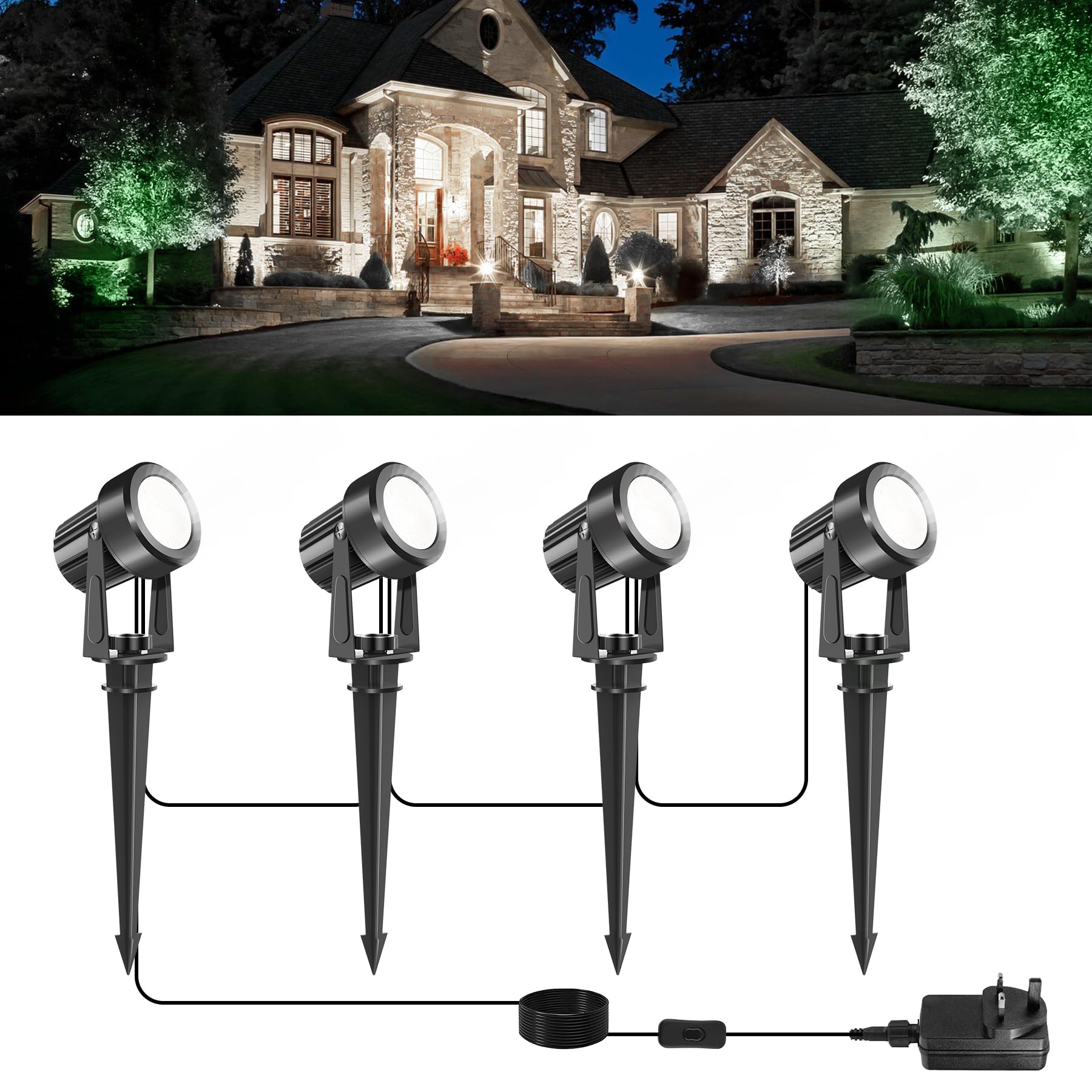NATPOW Garden Spot Lights Mains Powered, Outdoor Landscape Spotlights 12W, LED 4-in-1 Spike Lights with Adapter, IP65 Waterproof 5V LED Garden Spike Light for Lawn, Pathway, Yard (6000K)