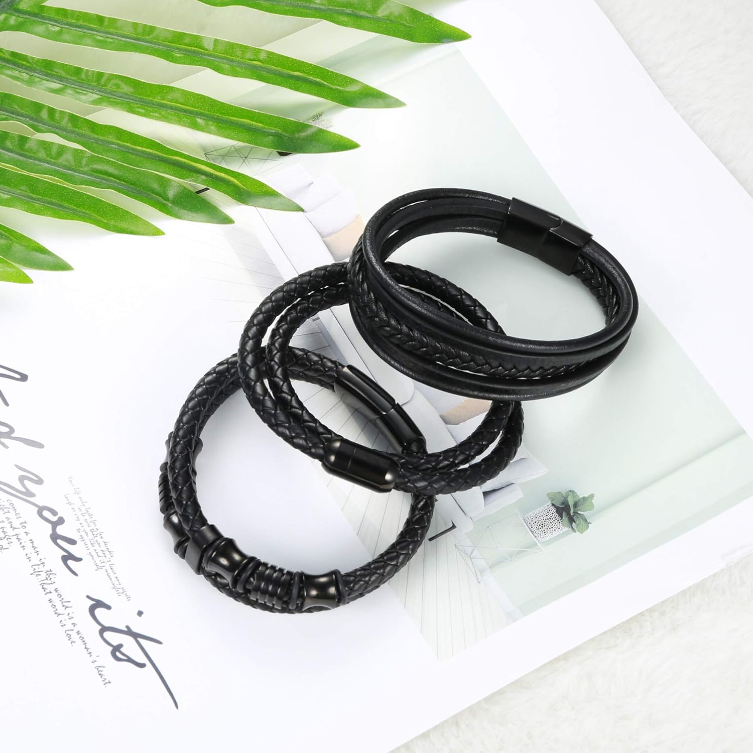 FIBO STEEL 3 PCS Braided Leather Bracelets with Magnetic Clasp for Men Women Wrap Genuine Leather Bracelet Wrist Cuff Bangle (8.5): Jewelry
