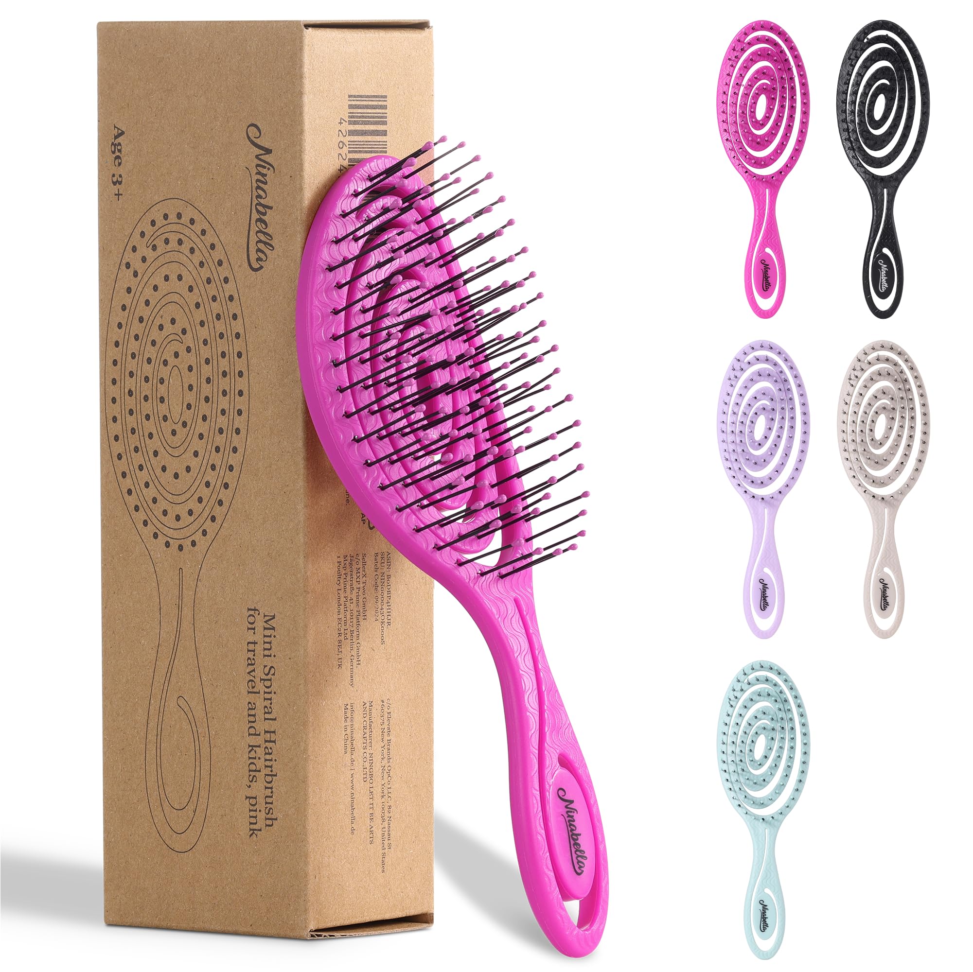 Ninabella Mini Detangling Hair Brush for Women & Men - Does not Pull, Removes Tangles, Brushes for Straight, Curly & Wet Hair - Unique Spiral Detangle Brush -Perfect for on the go, Pink