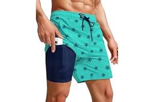 Yufawow Men Swim Trunks Compression Liner Quick Dry Drawstring Male Swimwear Swimsuit Swimtrunks Pattern Boardshorts