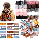 Cinnvoice 30 Pcs Faux Fur Pom Poms for Hats 4" with 100 Pcs Handmade Leather Tag Label Fluffy DIY Knitting Hat Pompoms with Elastic Loop Crochet Craft Accessories for Shoes Scarves Gloves Bag Keychain
