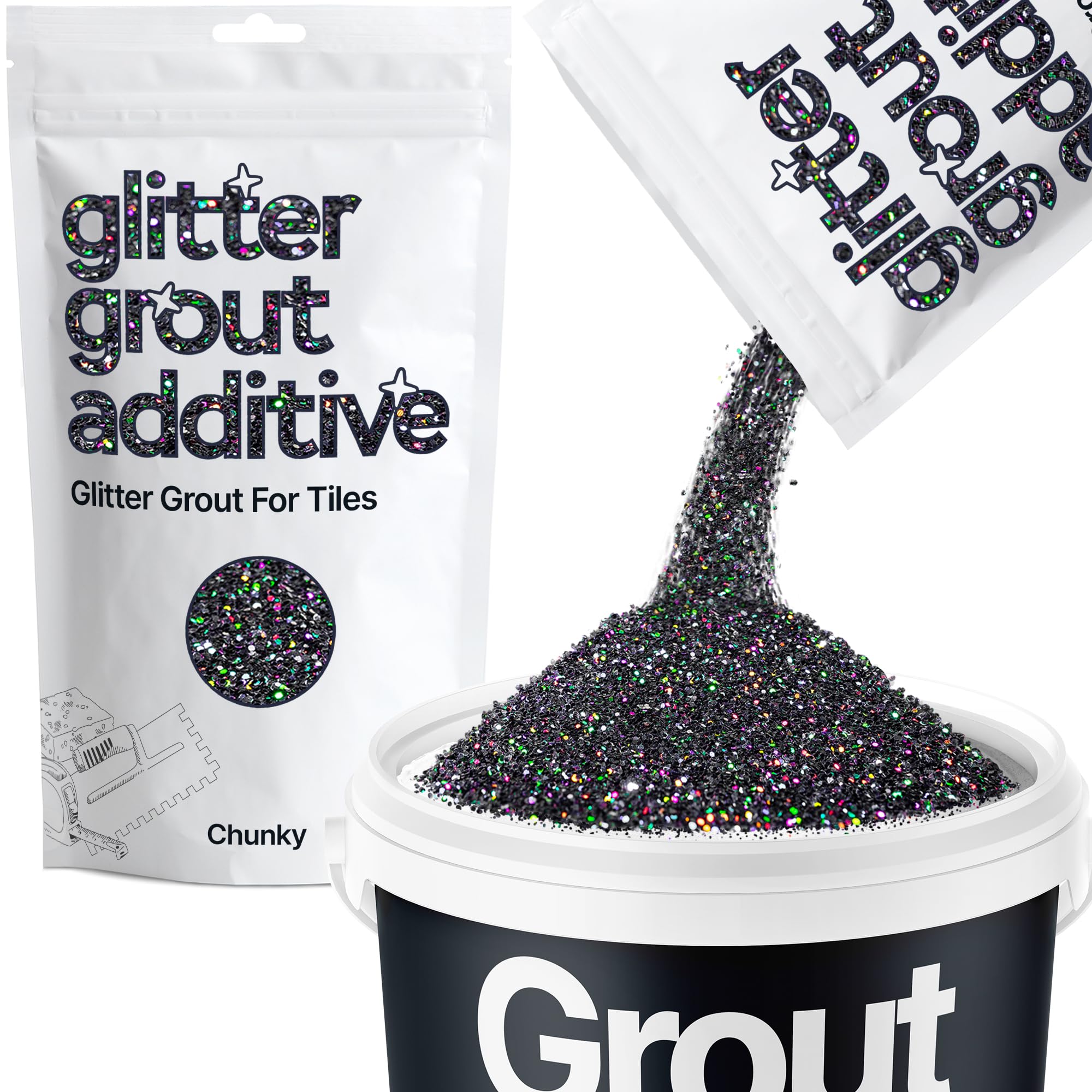 Hemway Black Holographic Glitter Grout Additive Chunky 100g Metallic Flakes for Adding Sparkle to Kitchen & Bathroom Tiles | Enhance Your Indoor Grouting Projects with a Durable Sparkly Effect
