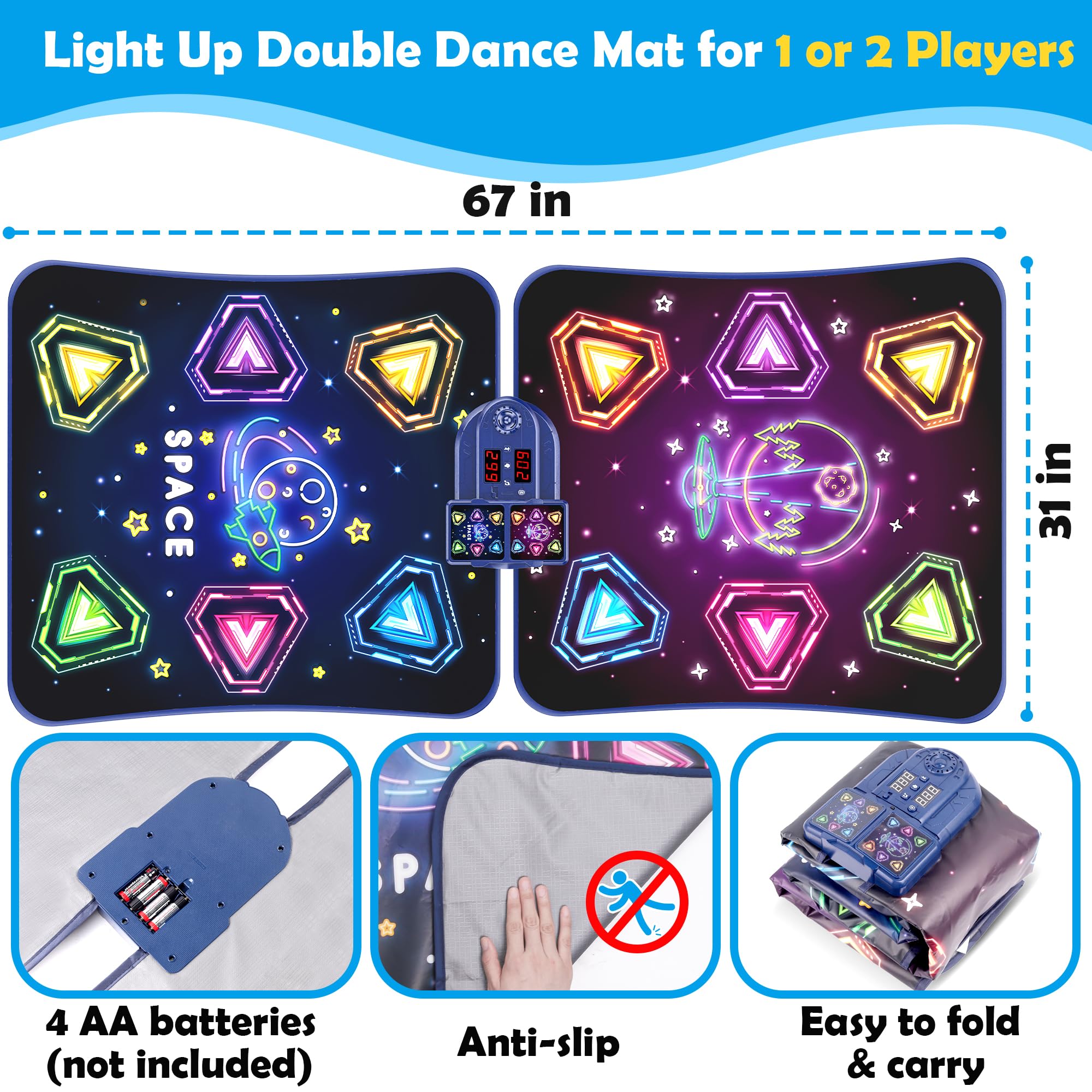 Large Double Electronic Dance Mats, Dance Pad with LED Light & Wireless Bluetooth, Music Dance Toy with 6 Game Modes, Challenge Game for Single & Double Players, Dance Mat Toy for 3-12 Year Old Girls