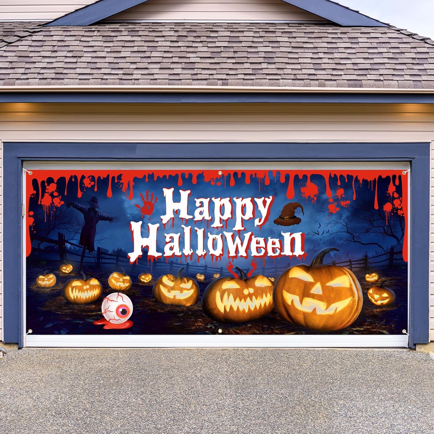 Garage Door Decorations - Vlipoeasn Halloween Garage Door Decorations, 7 x 16 Ft Halloween Garage Door Cover Banner, Pumpkin Ghost Extra Large Halloween Outdoor Party Photography Backdrop Sign Poster Decorations Supplies