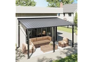 Aoxun 10' x 14' Lean to Gazebo, Upgraded Hardtop Outdoor Pergola with Sloping Galvanized Steel Roof, Large Wall-Mounted Heavy Duty Awnings for Patio, Backyard, Deck, Porch (Black)
