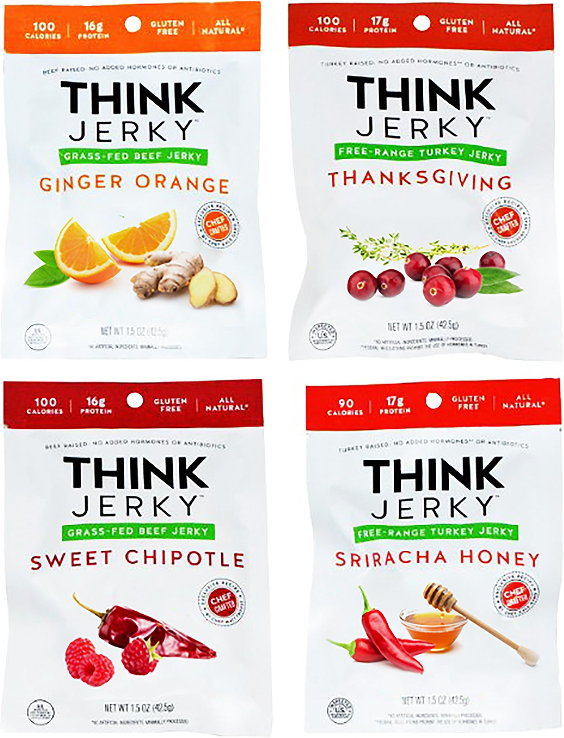 Think Jerky Grass-Fed Beef and Free-Range Gluten Free Turkey Jerky Variety,1.5 oz, Pack of 4 - Variety Pack