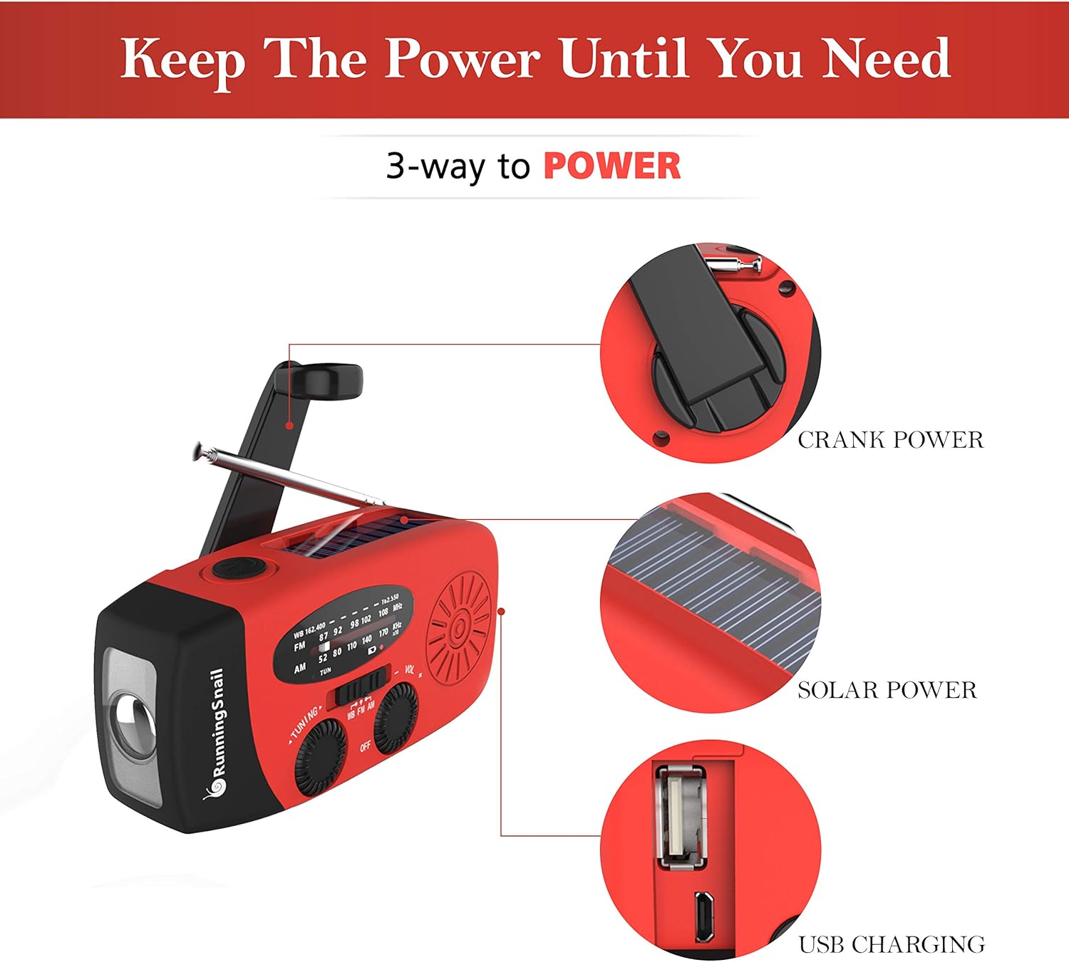 [Upgraded Version] RunningSnail Emergency Hand Crank Self Powered AM/FM NOAA Solar Weather Radio with LED Flashlight, 1000mAh Power Bank for iPhone/Smart Phone: Electronics