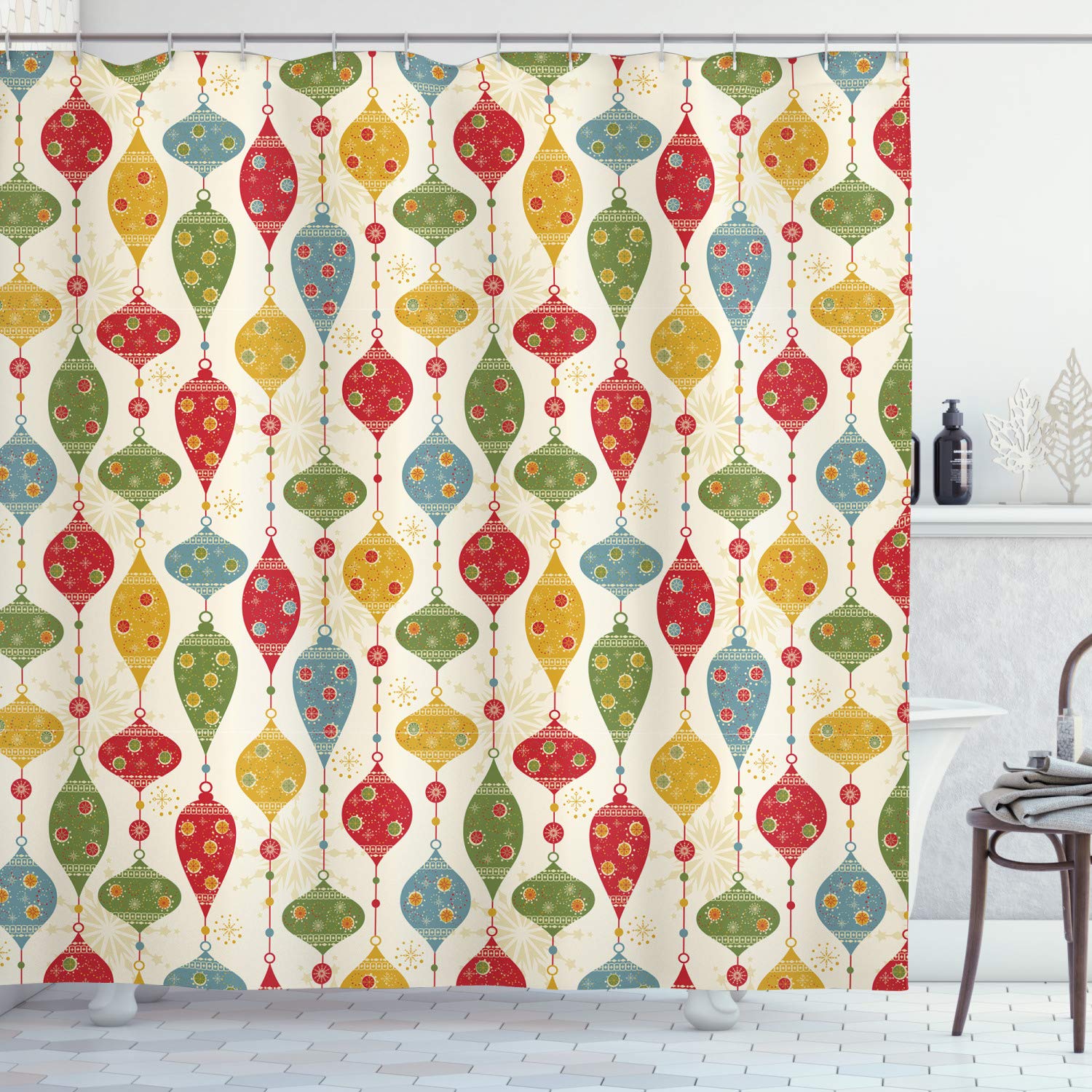 ABAKUHAUS Christmas Shower Curtain, Hanging Balls in Different Shapes and Colors Designed with Abstract Snowflakes, Cloth Fabric Bathroom Decor Set with Hooks, 94 Inches, Multicolor