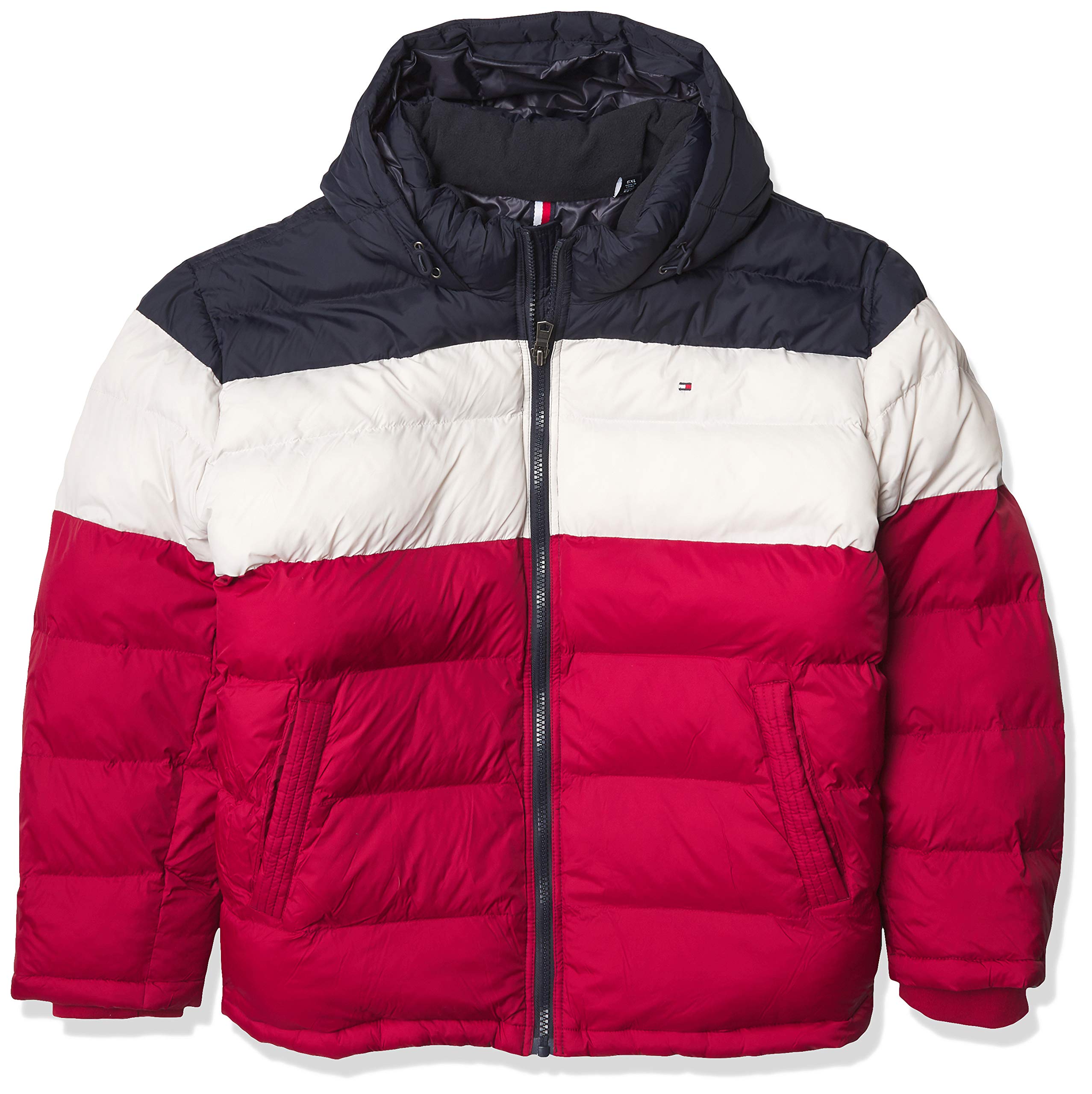Tommy Hilfiger Men's Classic Hooded Puffer Jacket (Standard and Big & Tall), Midnight/Ice/Red, 5X Big Image