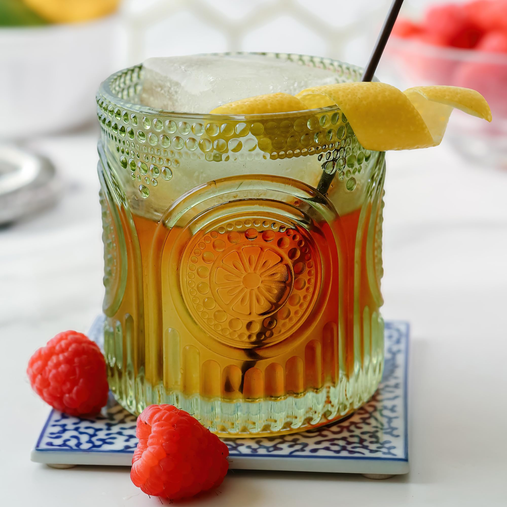 Kate Aspen Retro Arch Floral Green Drinking Glasses Set of 6-10 oz Vintage Beaded Glassware, Perfect for Water, Cocktail, Juice