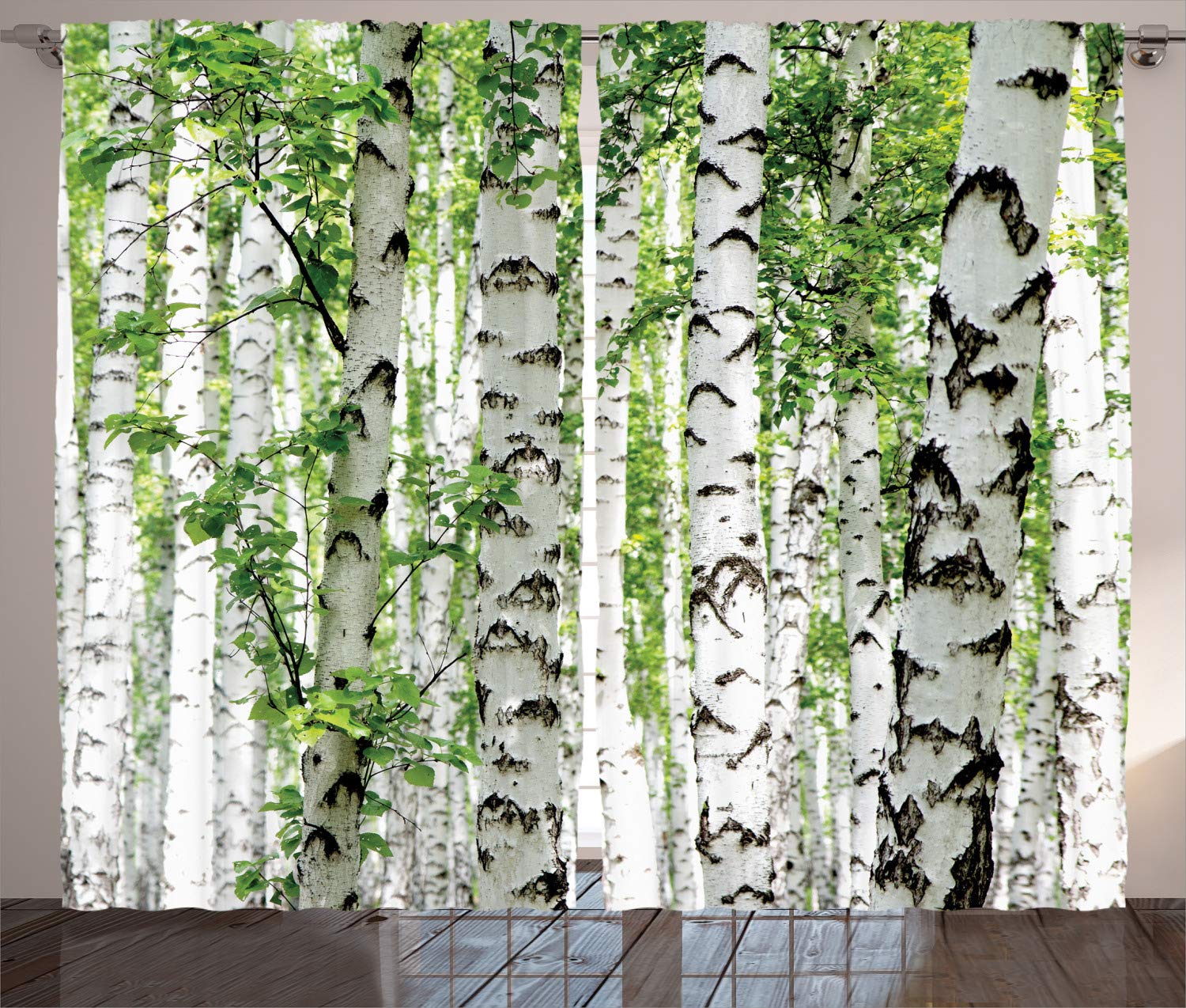ABAKUHAUS Woodland Curtains, Birch Trees in the Forest Summertime Wildlife Nature Outdoors Themed Picture, Living Room Bedroom Window Drapes 2 Panel Set, 102 L X 110 W, White Green