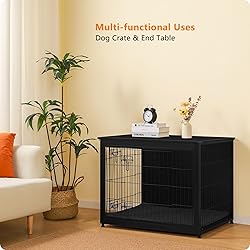 DWANTON Dog Crate Furniture with Cushion, Wooden