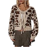 MakeMeChic Women's Cheetah Print Cropped Cardigan Fuzzy Tie Front Long Sleeve Y2k Sweater