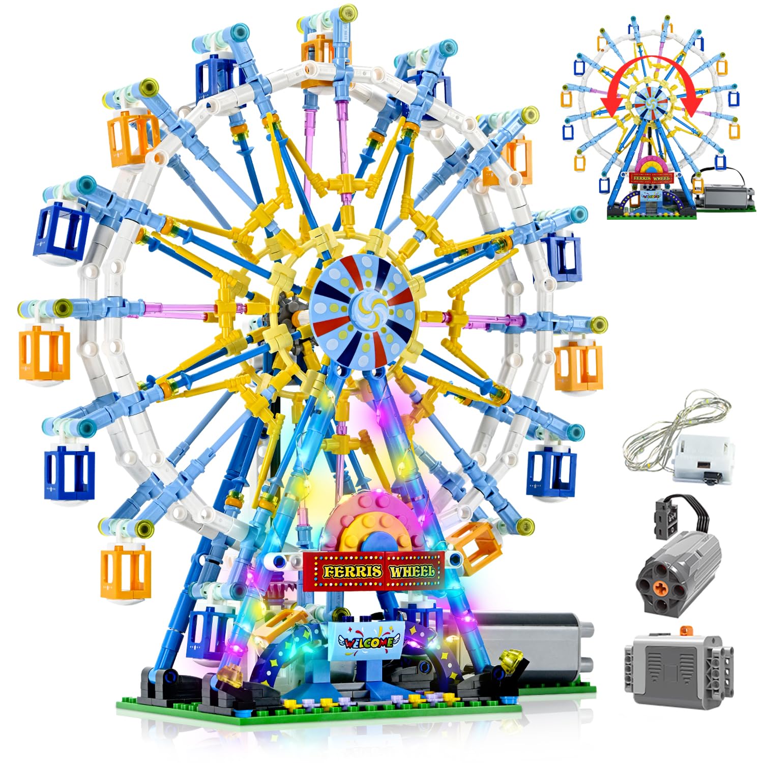 Rotating Ferris Wheel Building Blocks Set Toys with Lighting Kit, Adult Architecture Sets, Construction Toys, Carnival Amusement Park Kits, Gift for 9, 10,11, 12 Year Kids Boys& Girls (813pcs)