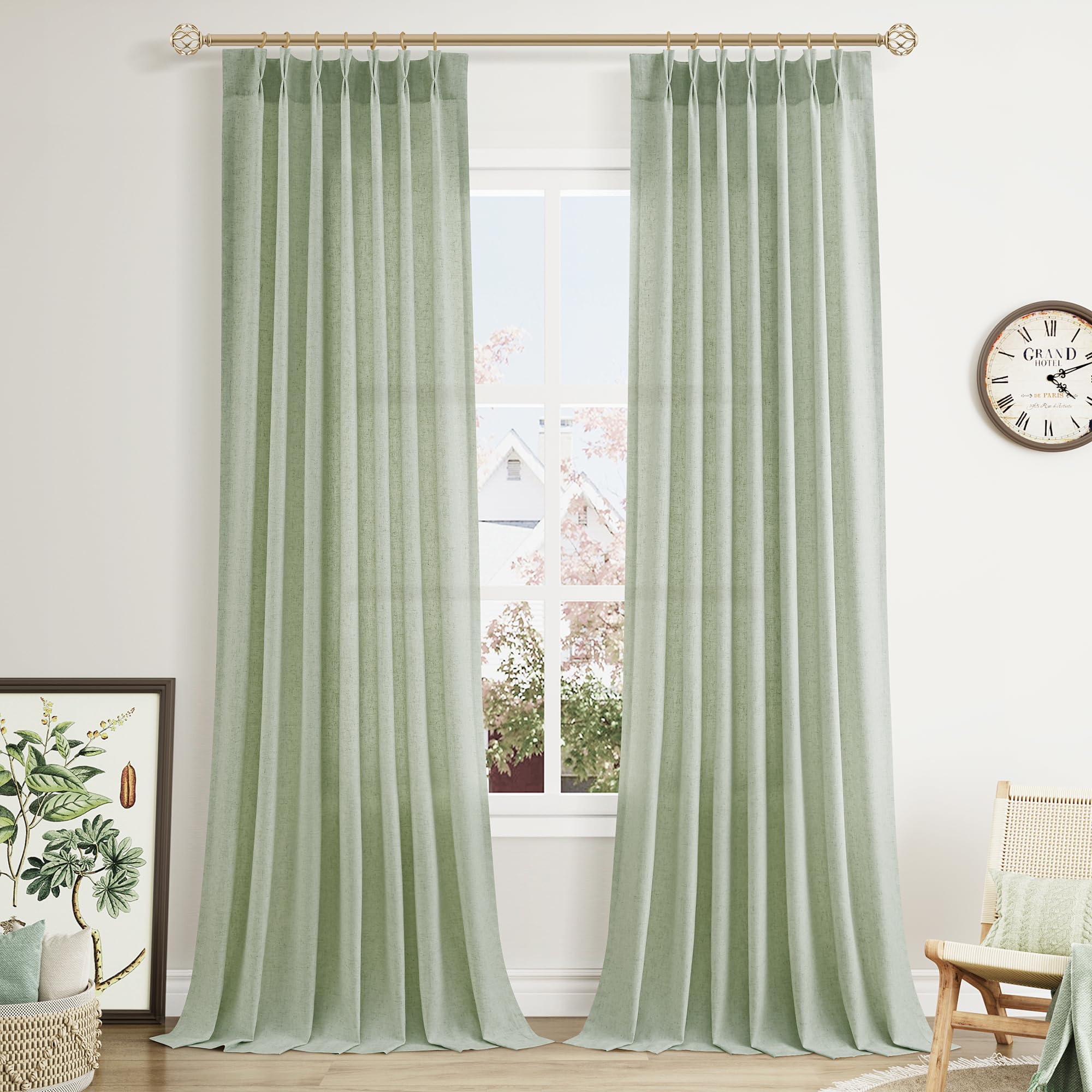 Aersas Mist Sage Pinch Pleated Linen Curtains 108 Inch Length 2 Panels for Living Room Bedroom Semi Sheer Window Curtain Boho Neutral Back Tab Pinch Pleat Drape with Hooks 40x108 Image