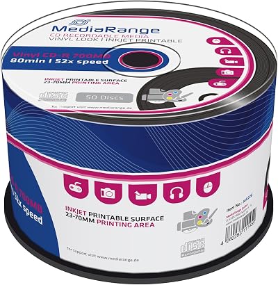 MediaRange VINYL CDR80 700MB 52x Inkjet Printable CD-R Disc (50 Pack) Cake Box