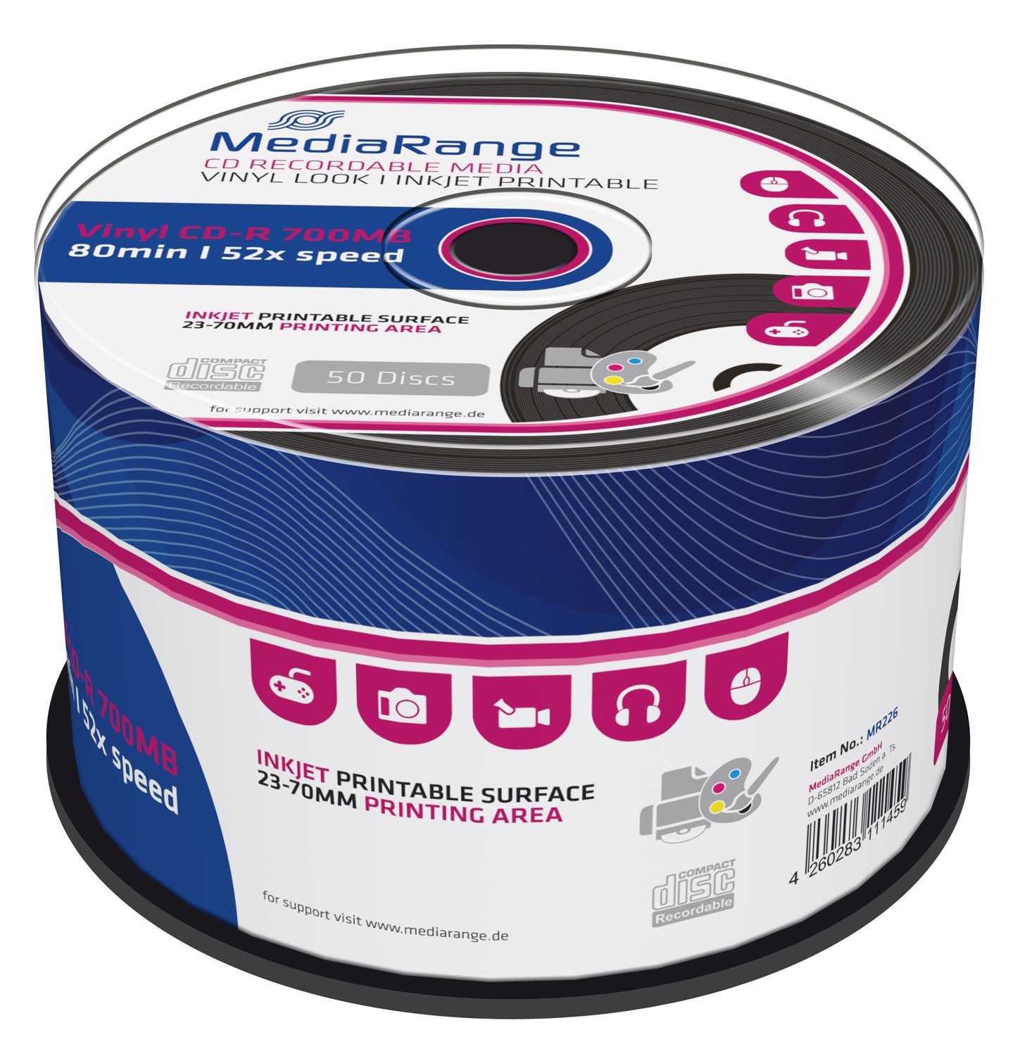 MediaRange MR226 VINYL CDR80 700MB 52x (50) Cake Box ink jet printable