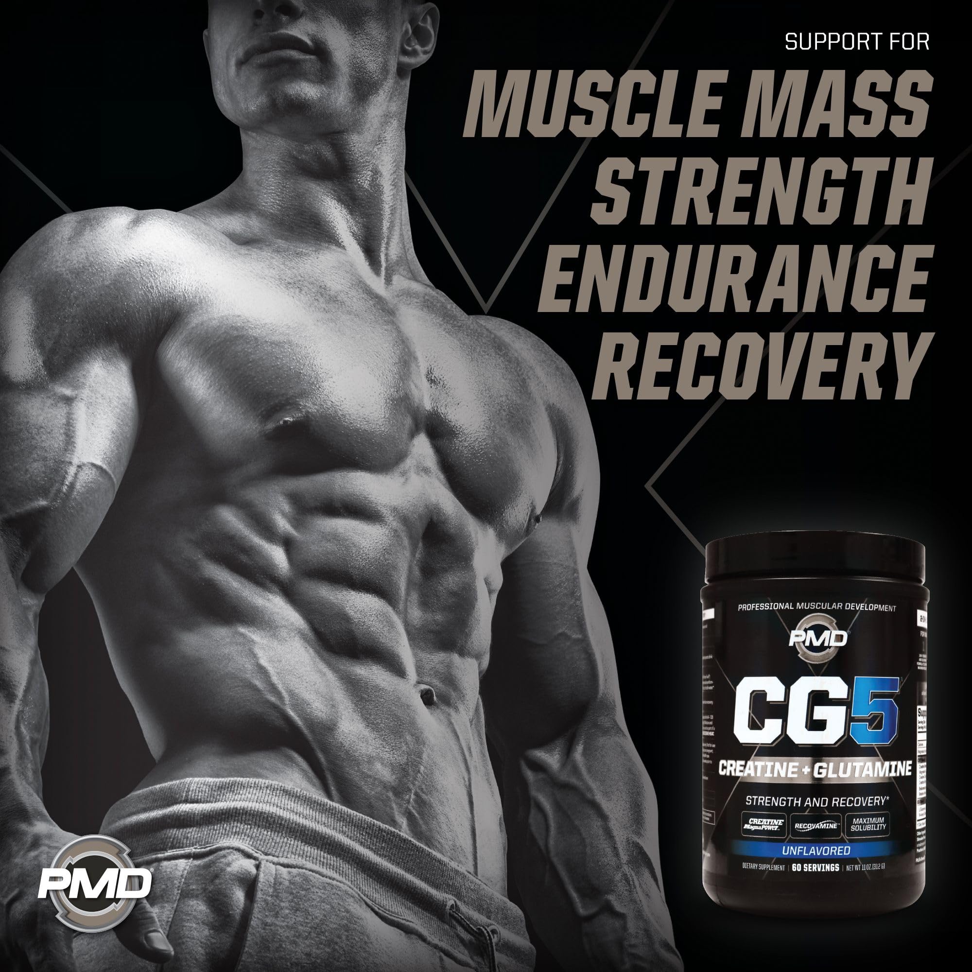 PMD Sports CG5 Premium Creatine & L Glutamine Powder, Power Recovery, Build Lean Muscle, Increase Workout Performance, Maximum Strength Pre Workout & Post Workout, Unflavored, 60 Servings
